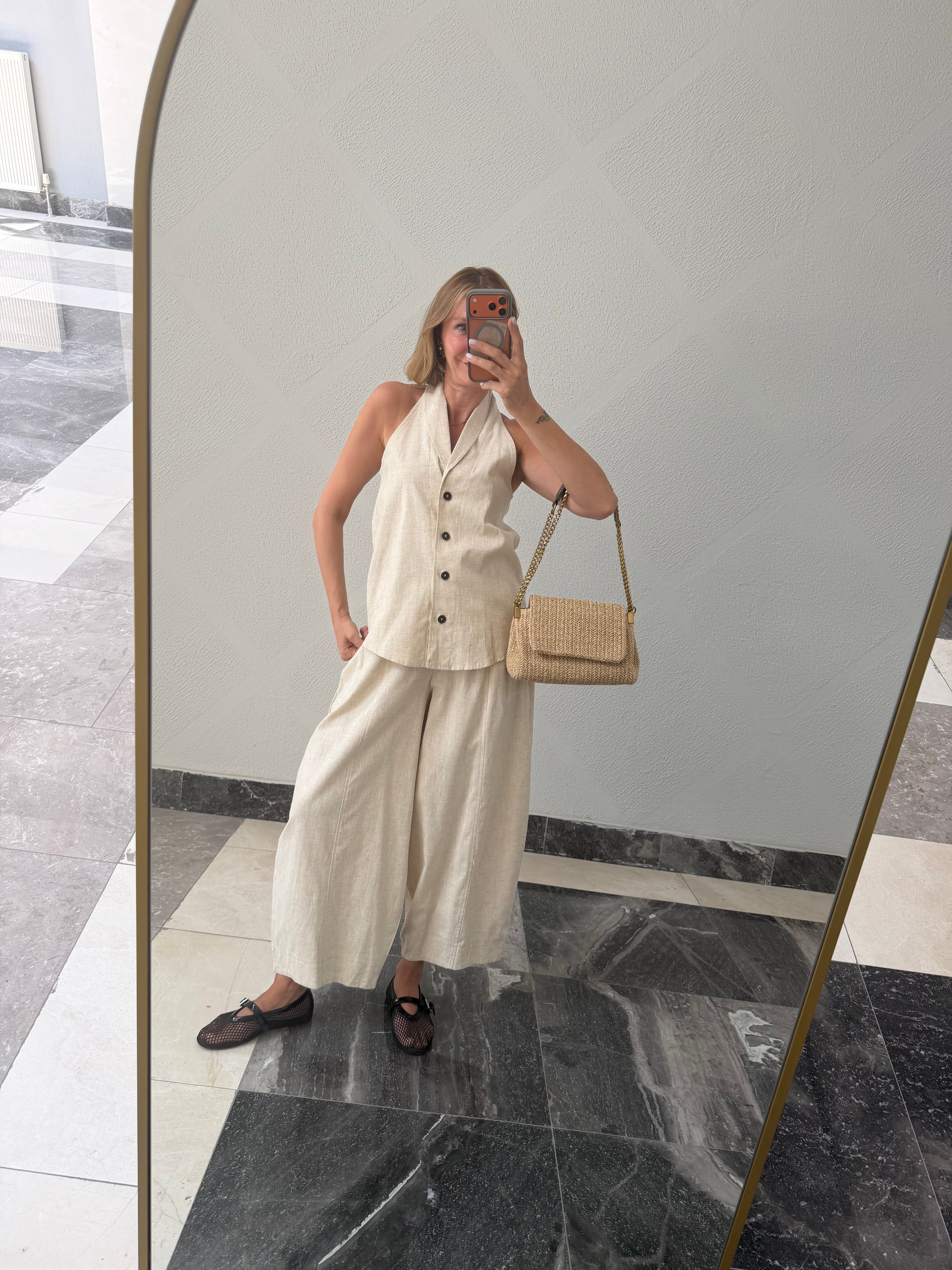 Yelekli Linen Ekru Takım