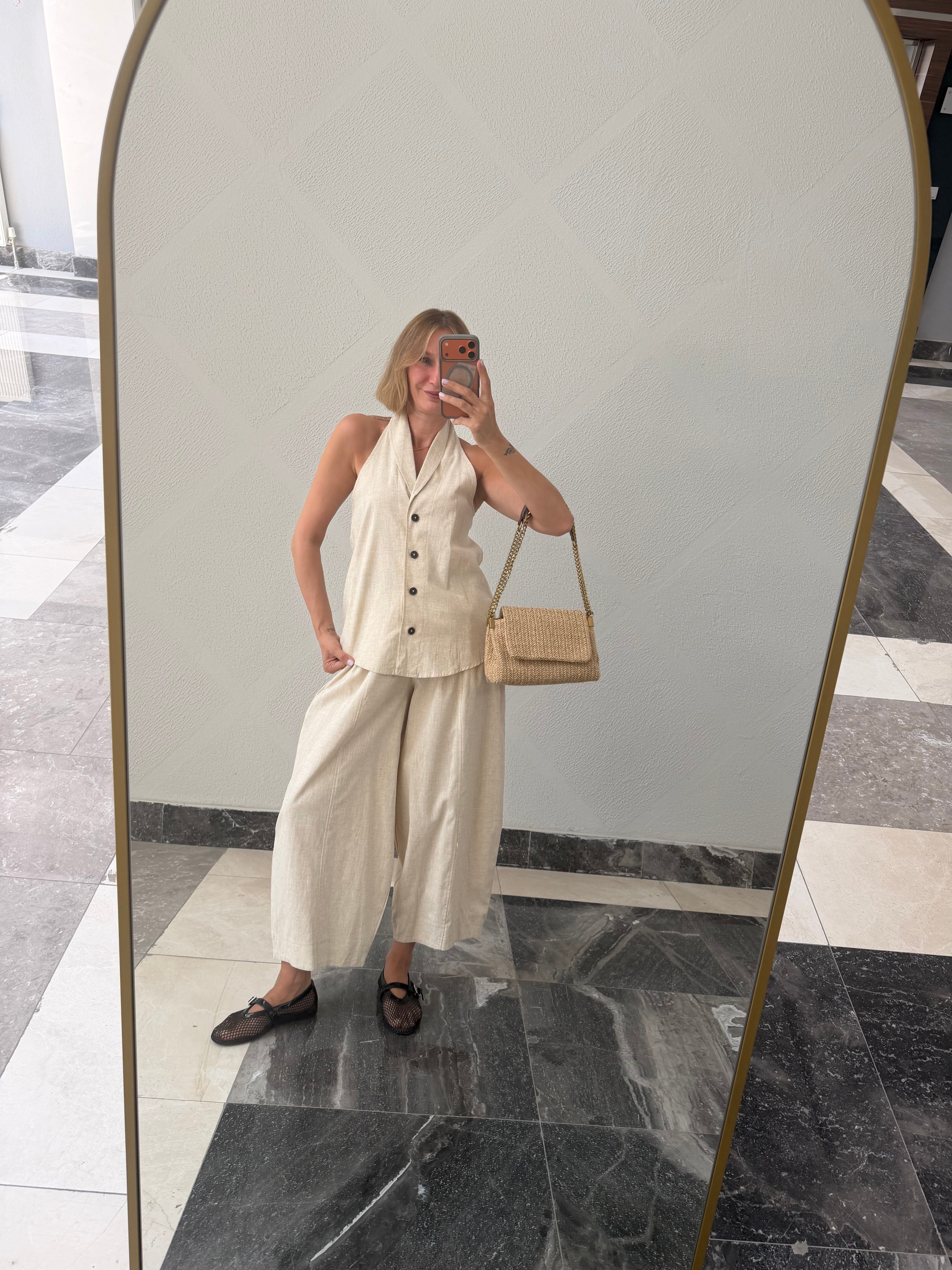 Yelekli Linen Ekru Takım