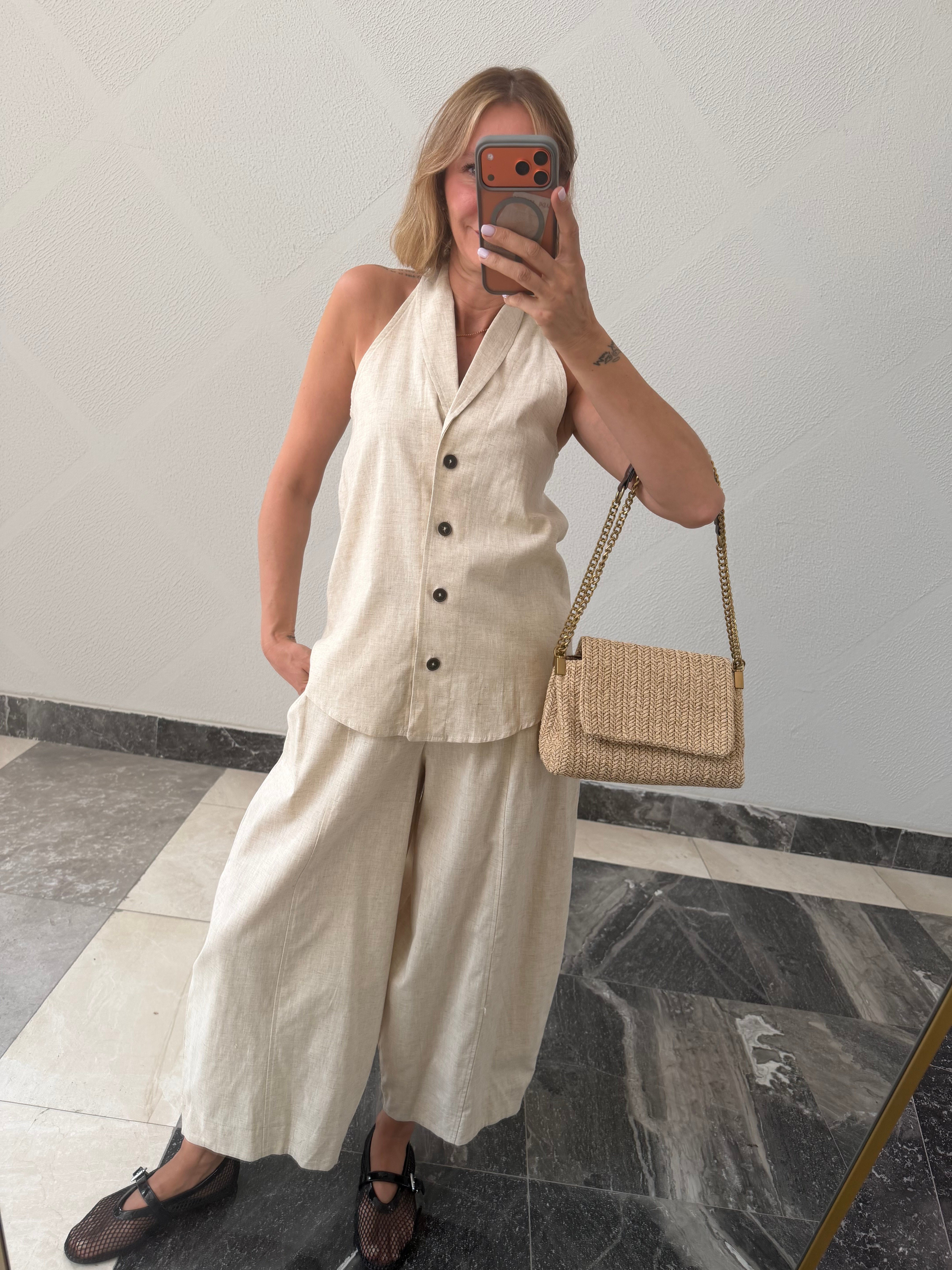 Yelekli Linen Ekru Takım