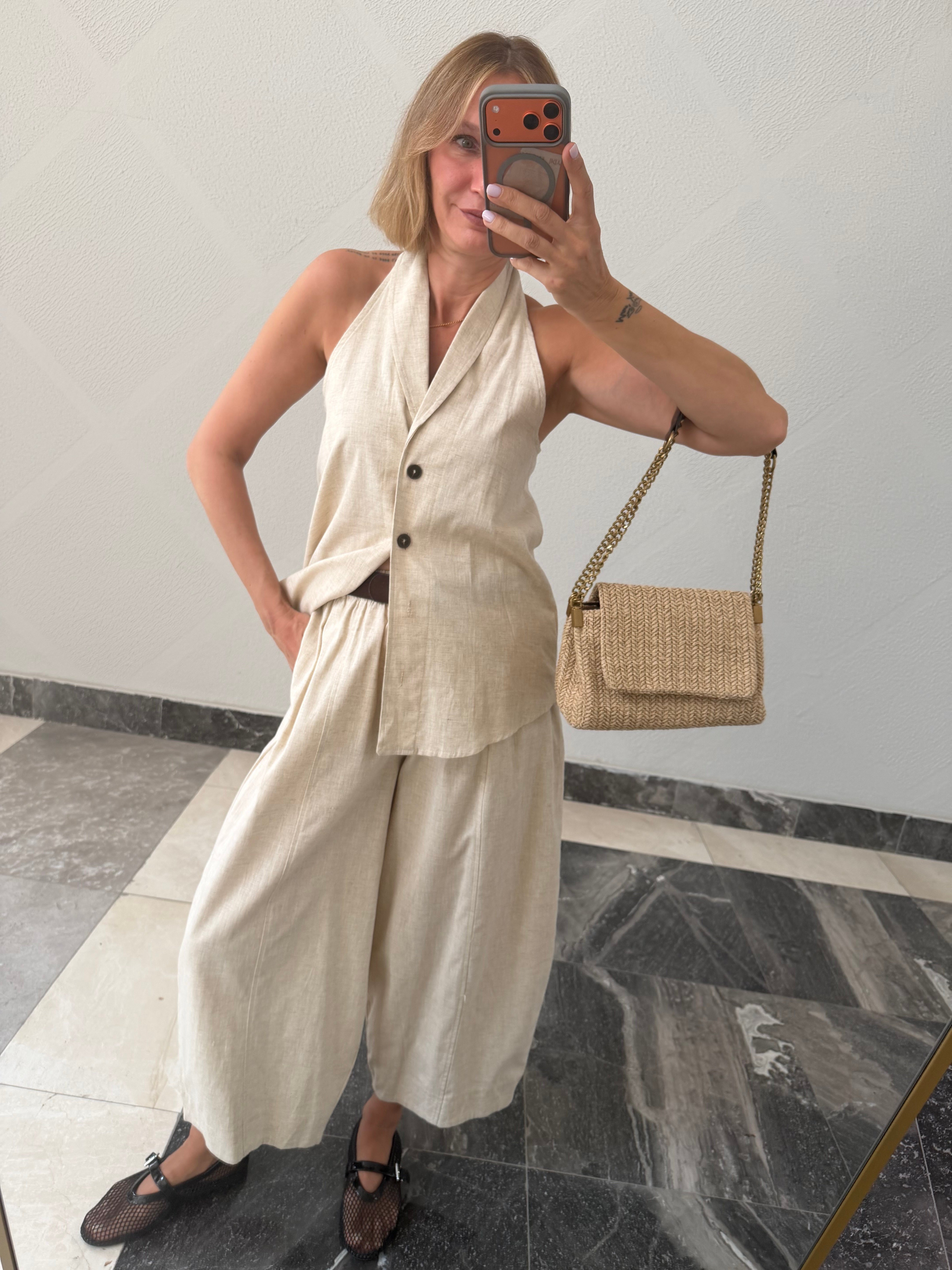 Yelekli Linen Ekru Takım