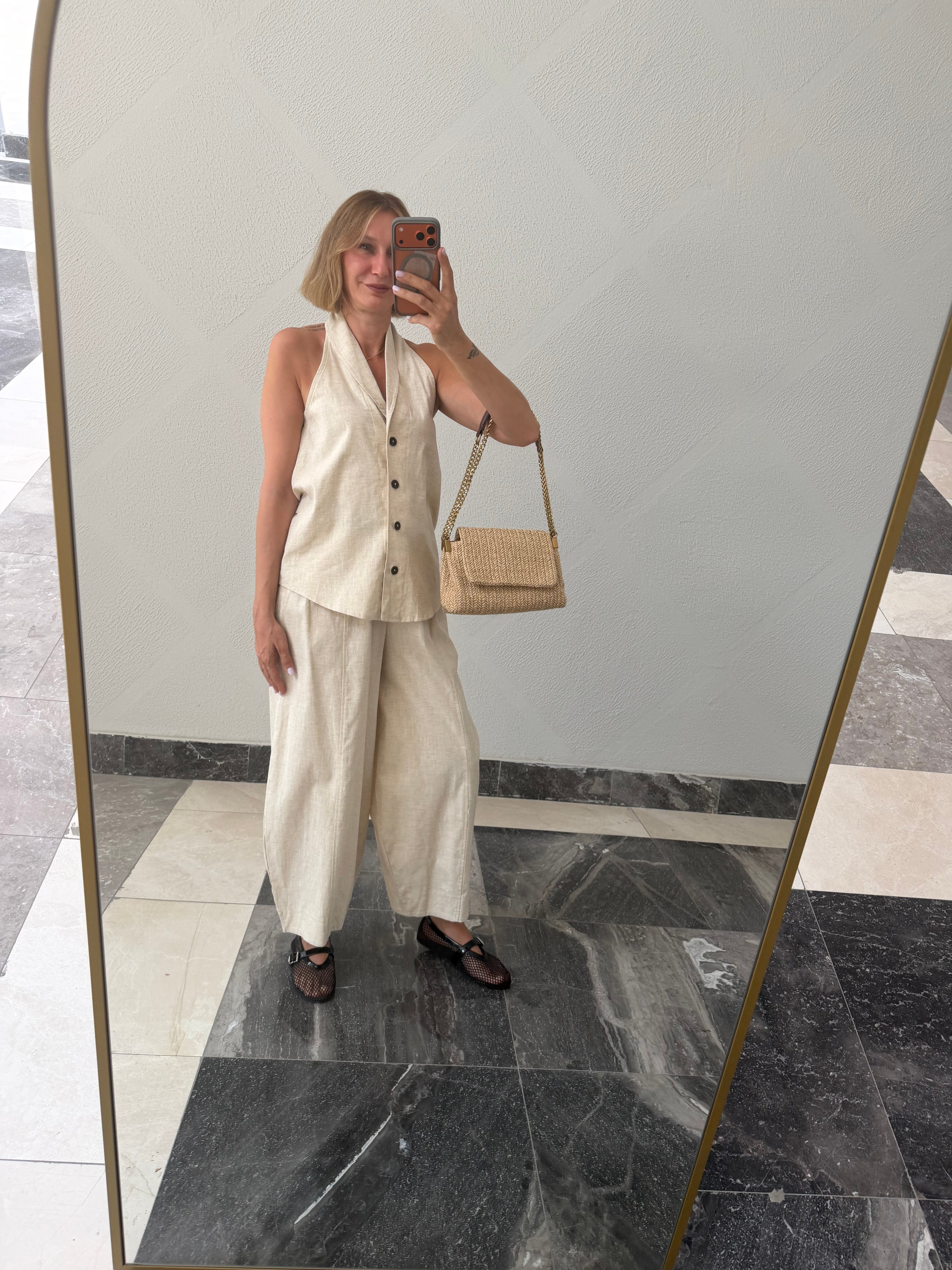 Yelekli Linen Ekru Takım