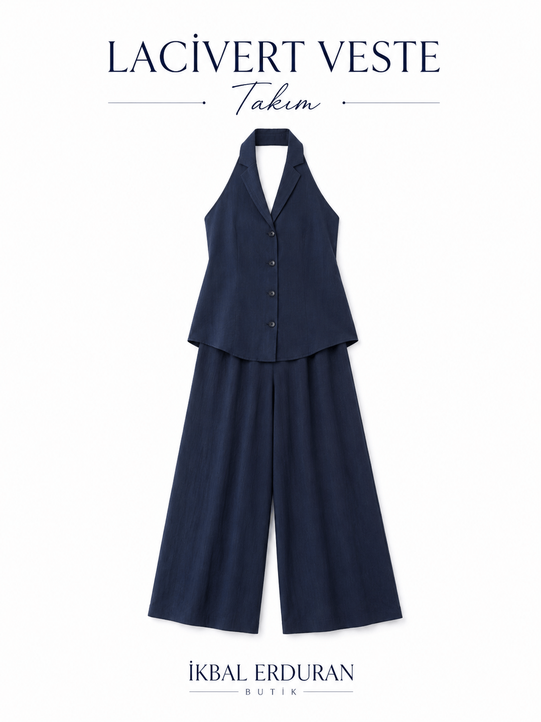 Yelekli Linen Lacivert Takım