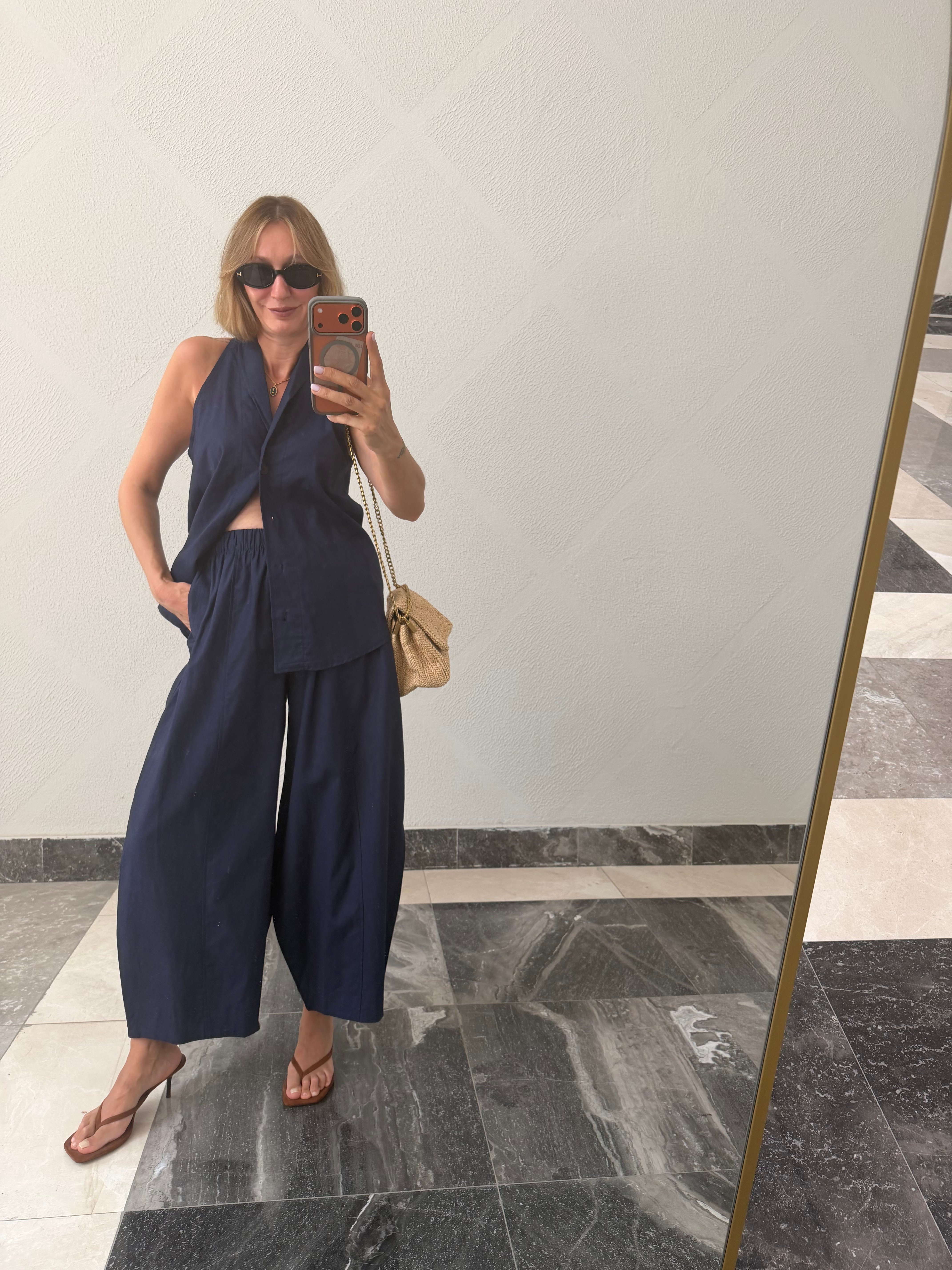 Yelekli Linen Lacivert Takım