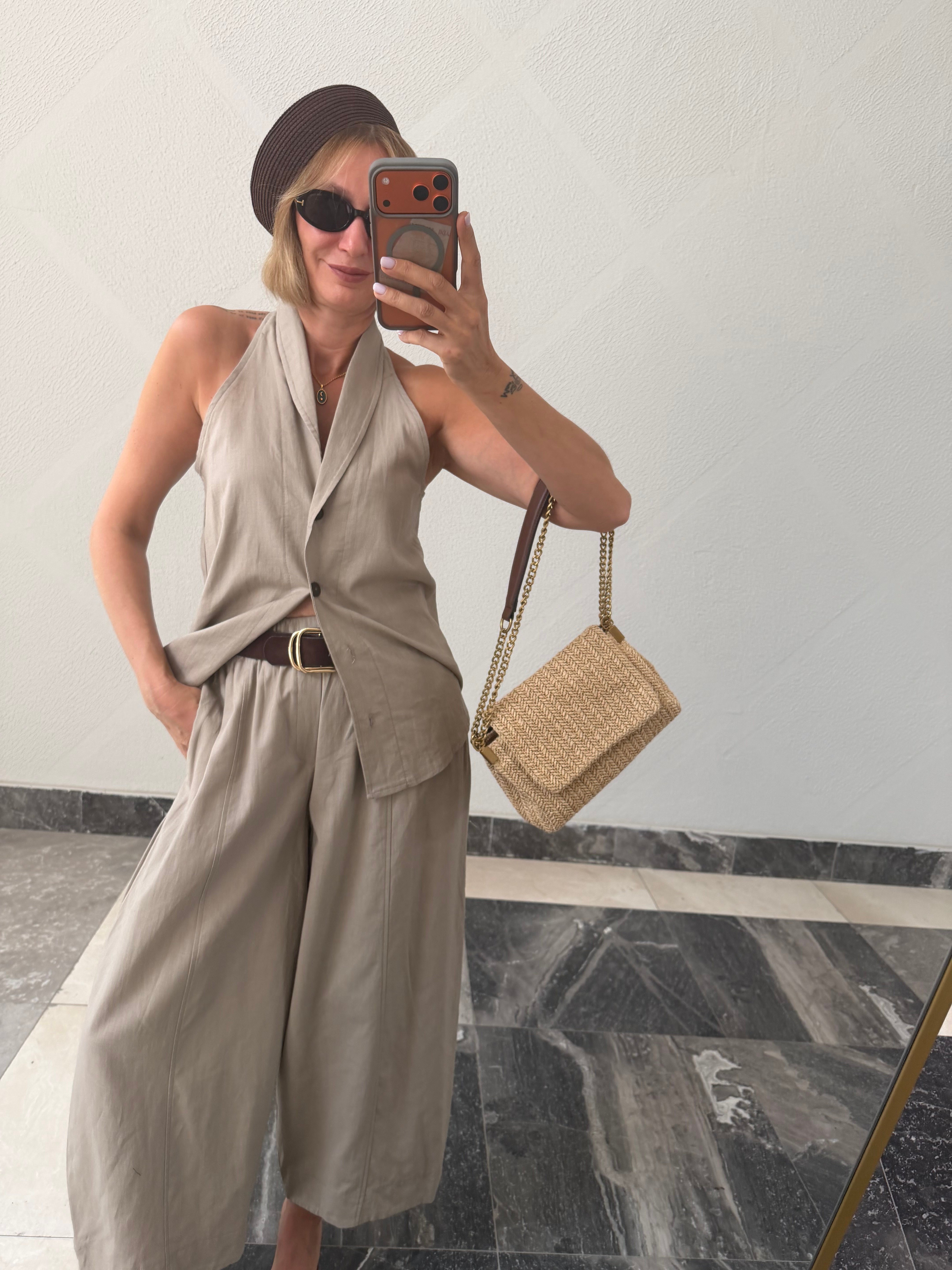 Yelekli Linen Taş Takım