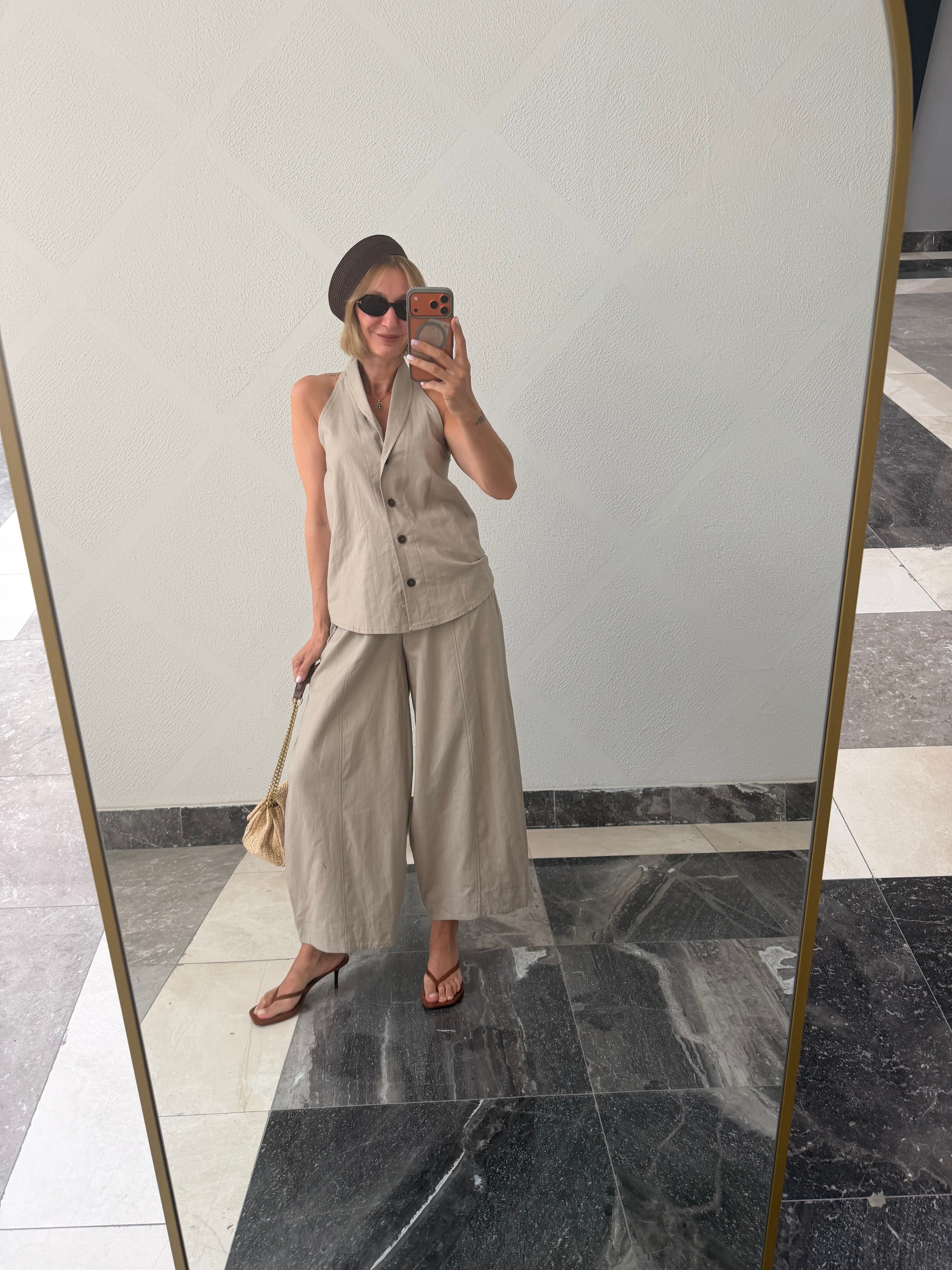 Yelekli Linen Taş Takım