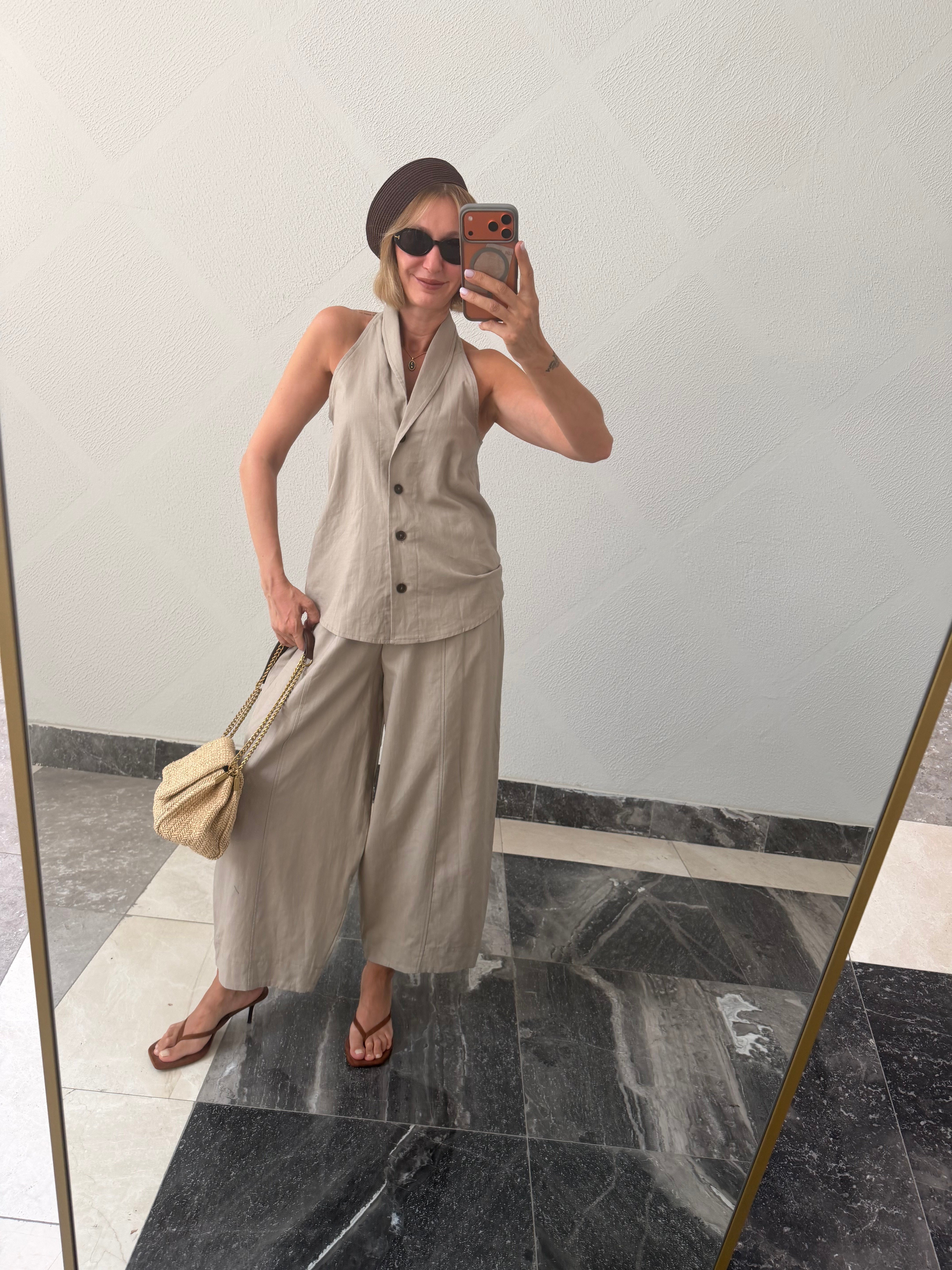 Yelekli Linen Taş Takım