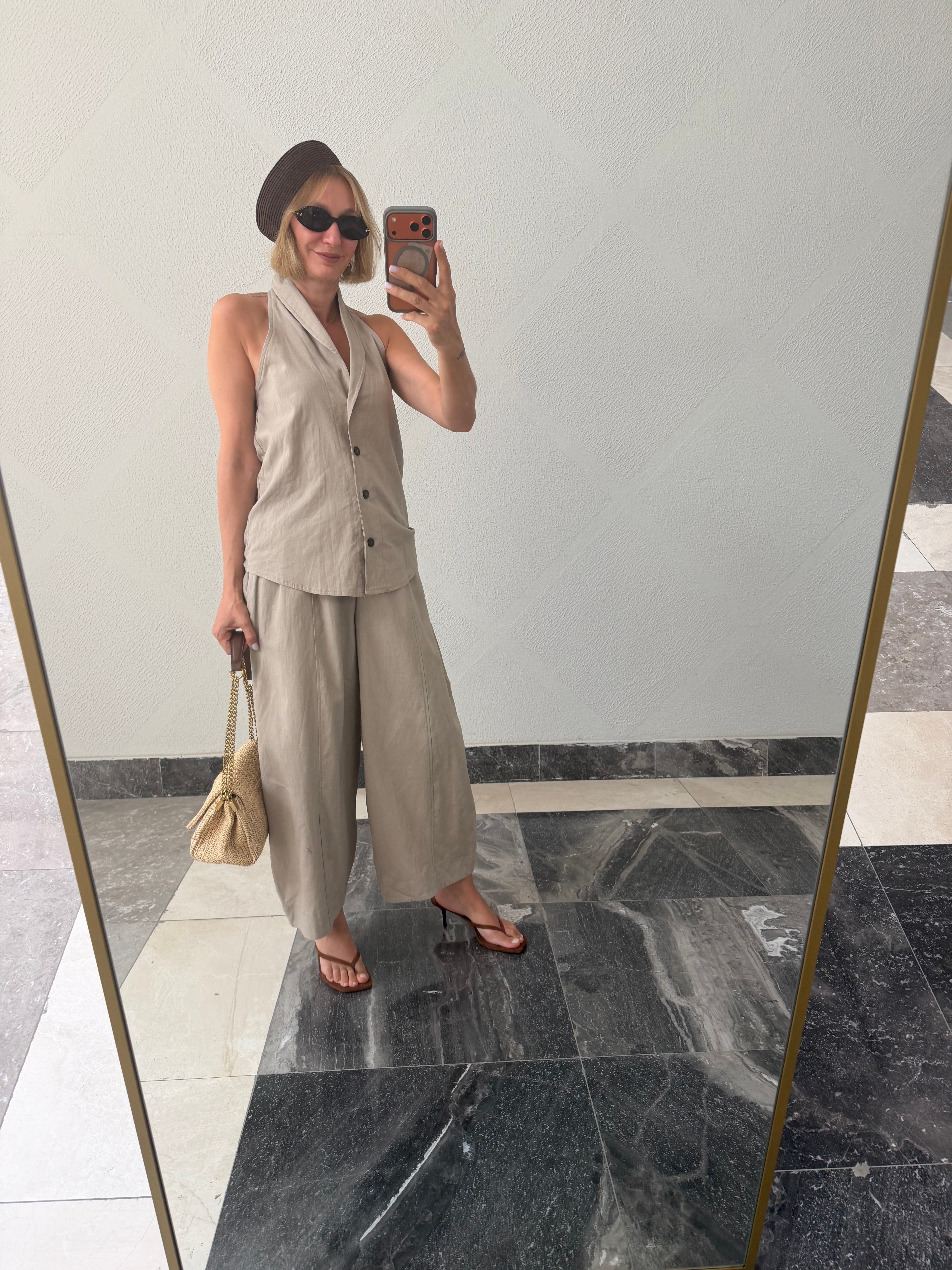 Yelekli Linen Taş Takım