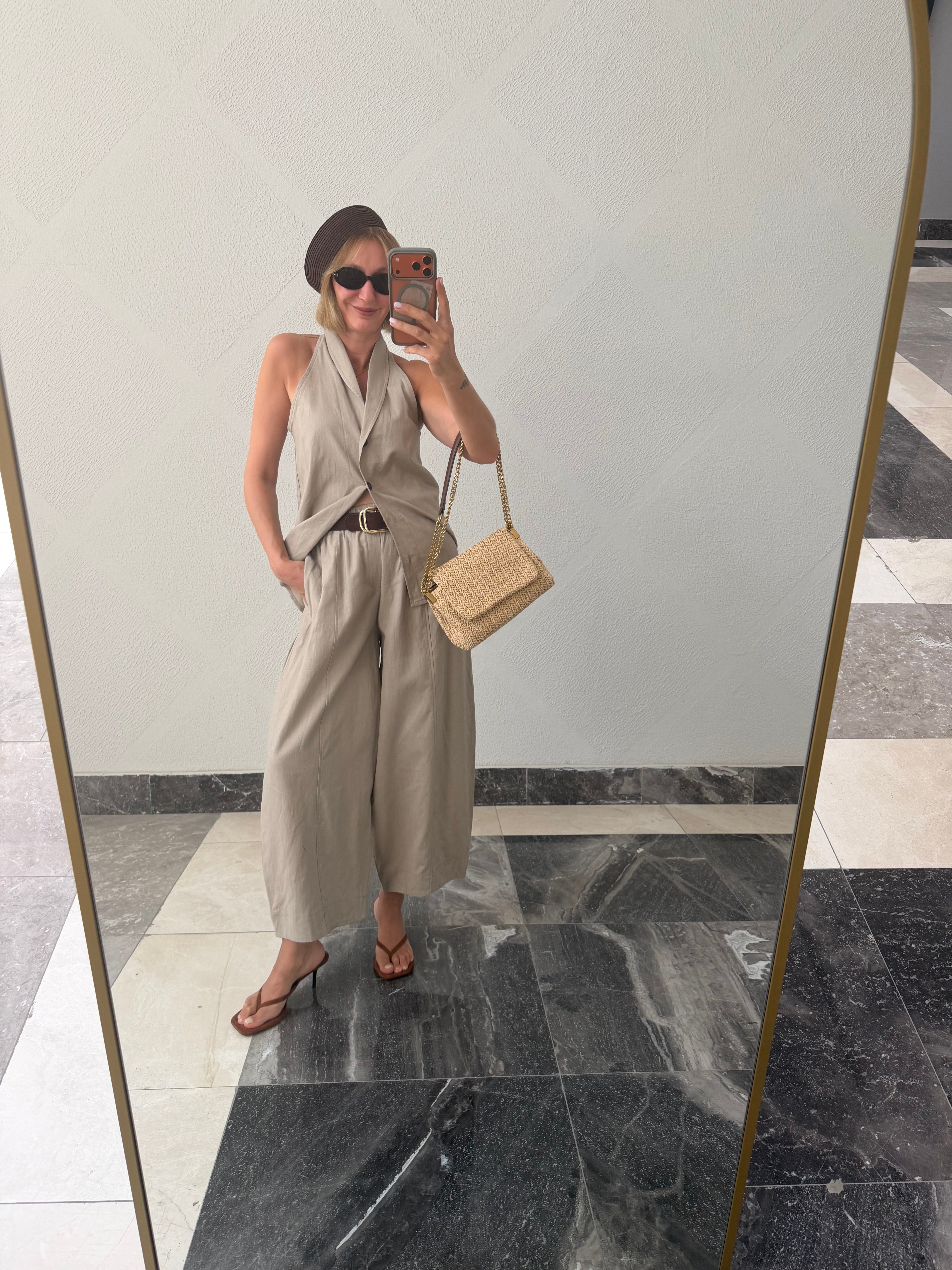 Yelekli Linen Taş Takım