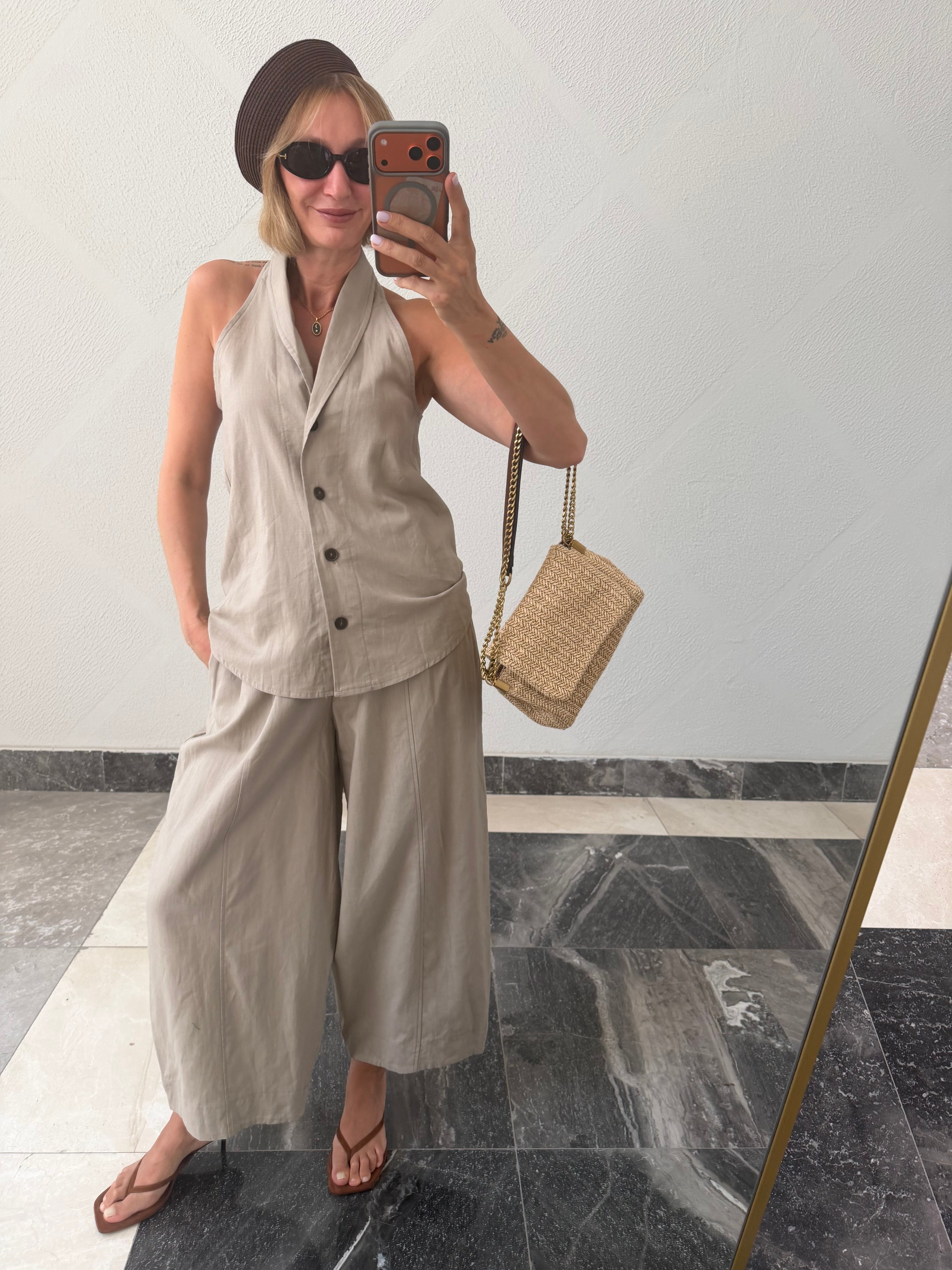Yelekli Linen Taş Takım