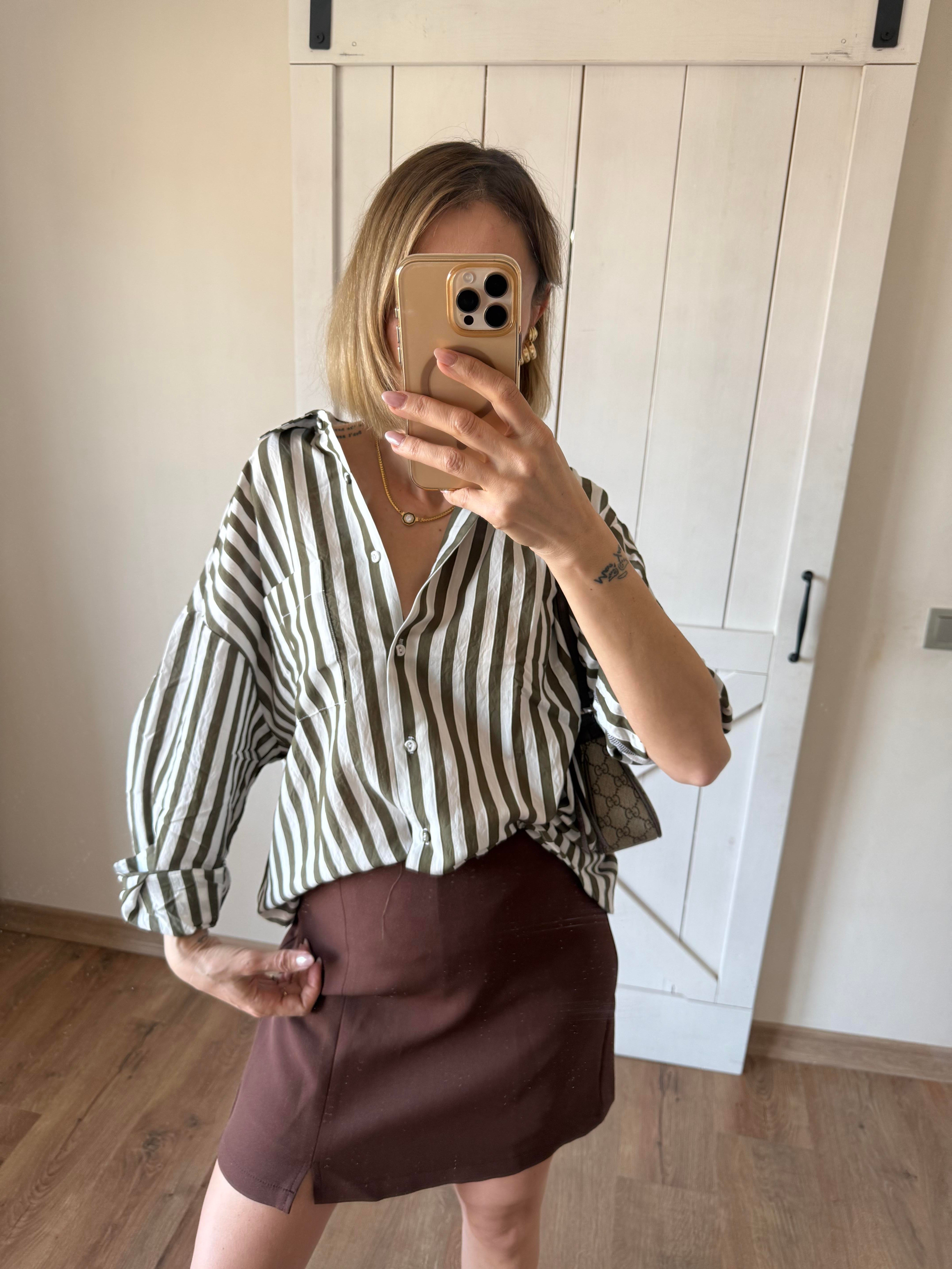 Yeşil Çizgili Oversize Tensel Gömlek