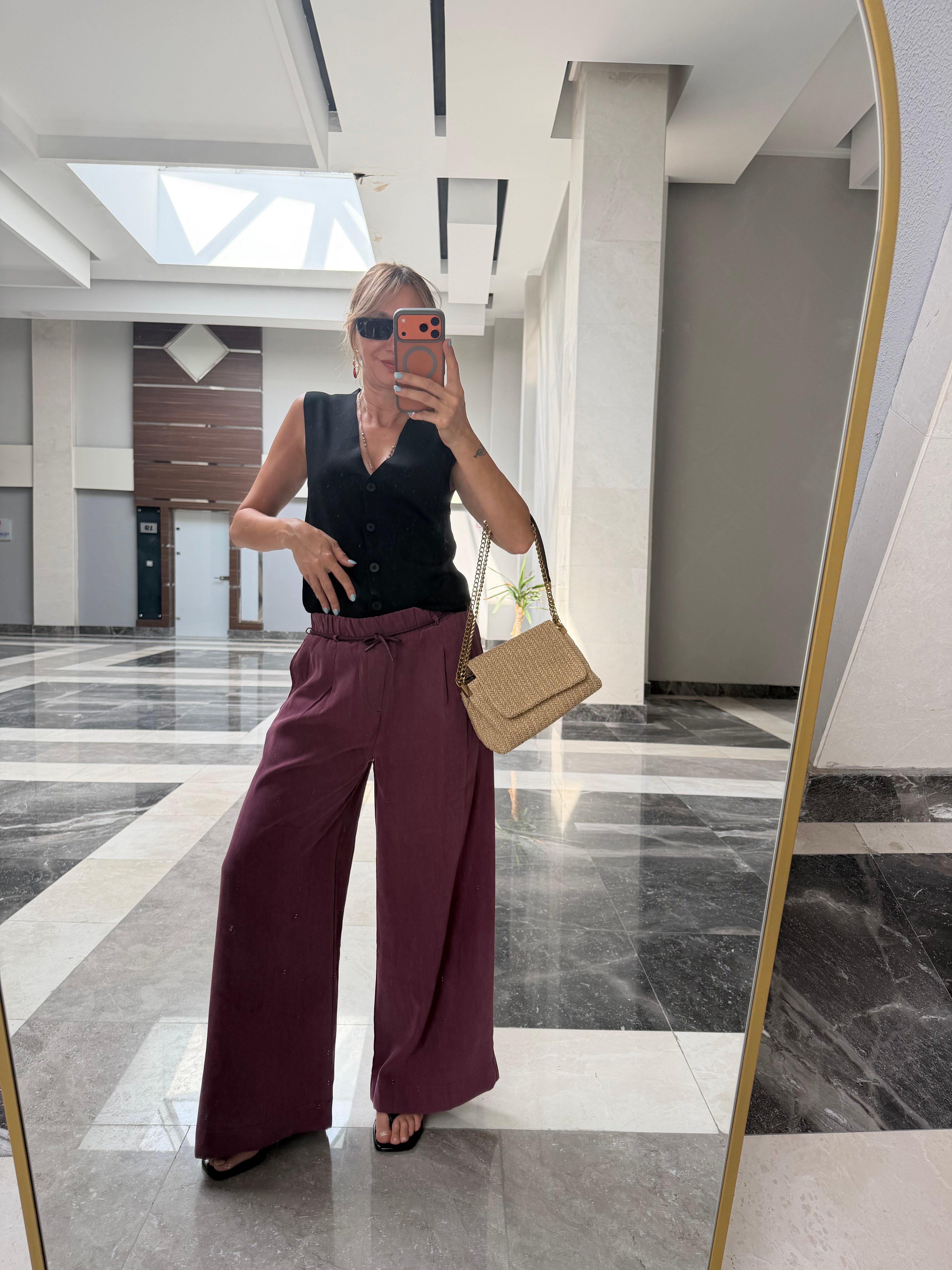 Yüksek Bel Lastikli İp Kemerli Bordo Modal Tensel Kos Pantolon