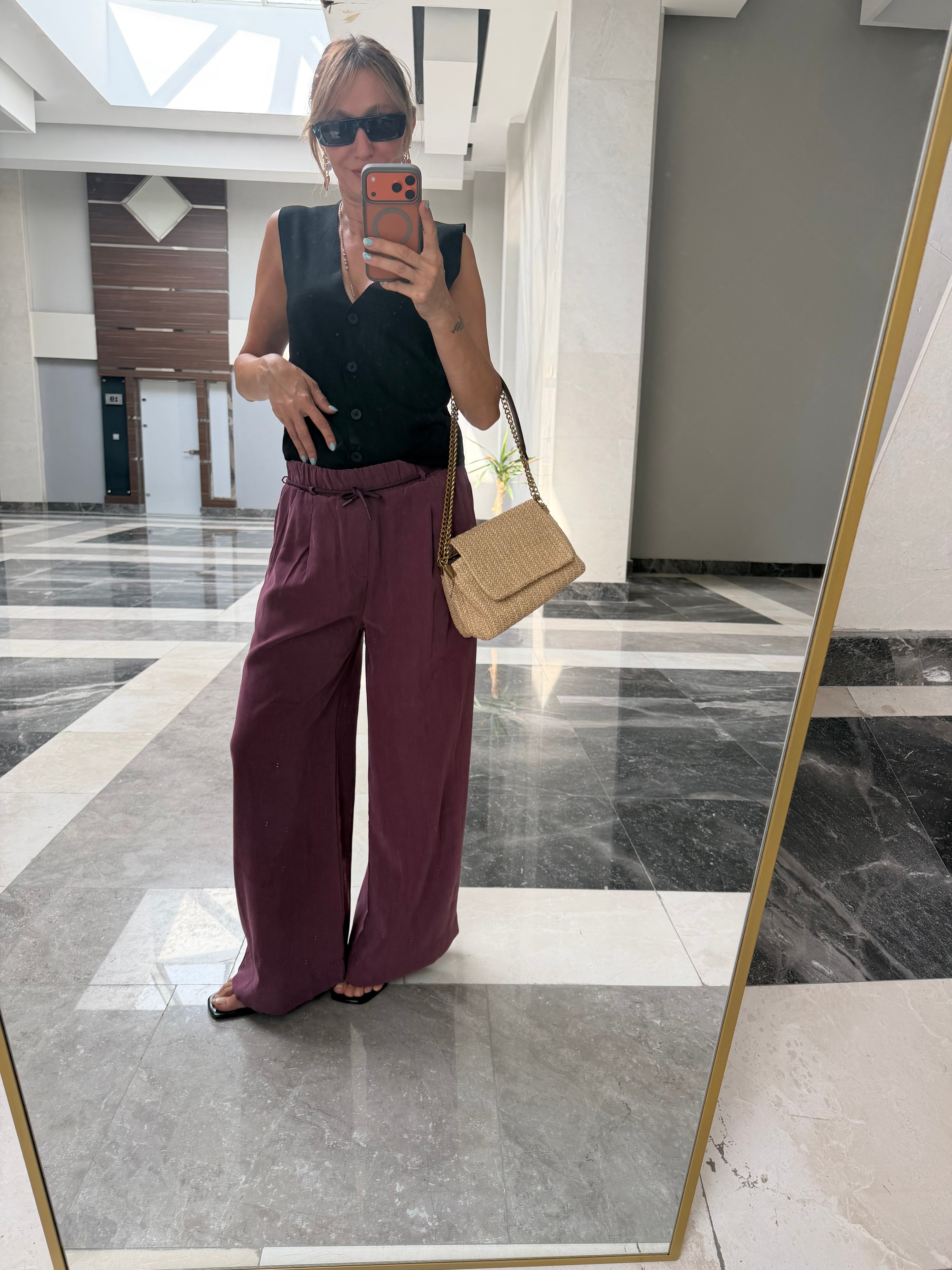 Yüksek Bel Lastikli İp Kemerli Bordo Modal Tensel Kos Pantolon