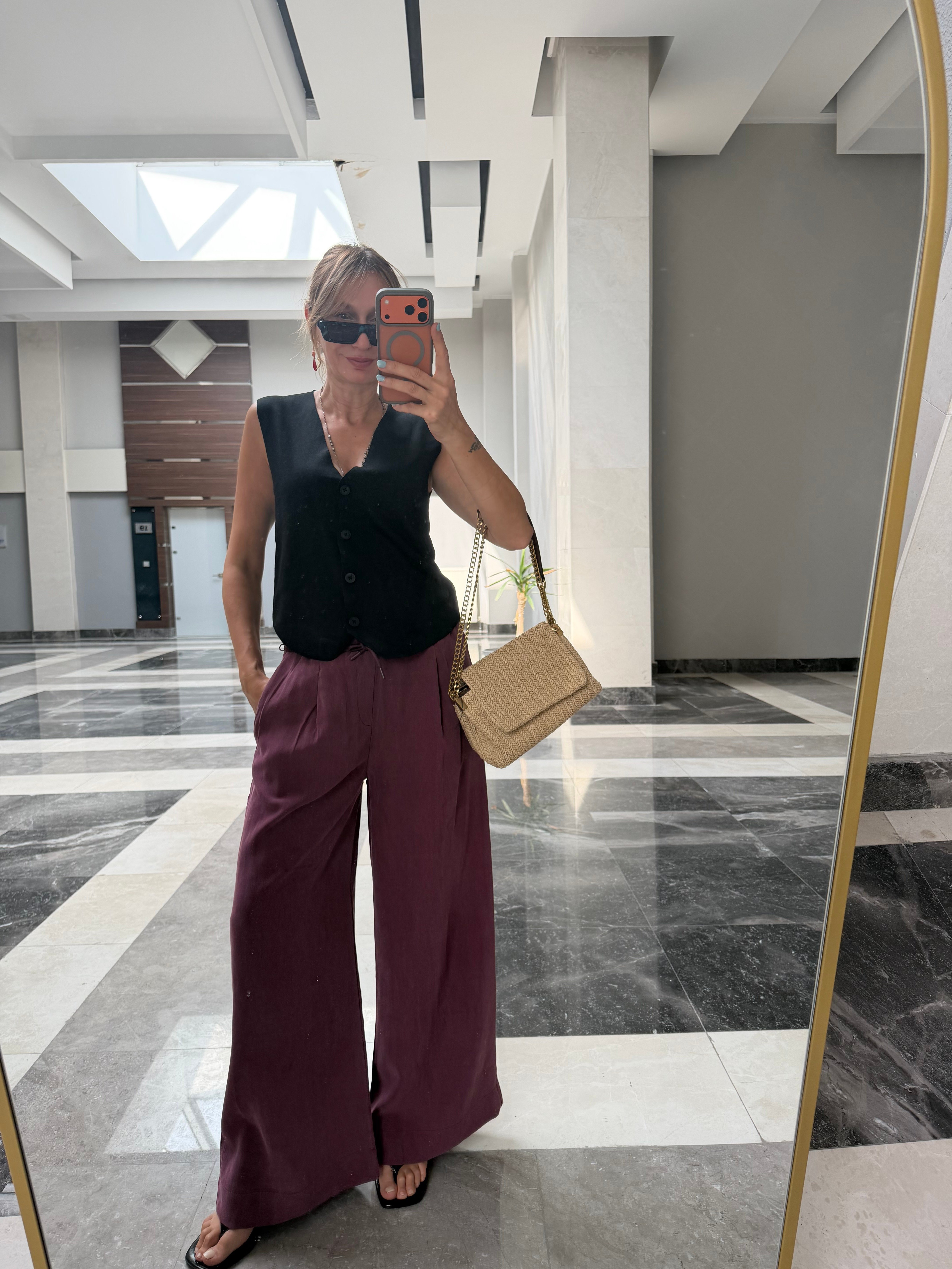 Yüksek Bel Lastikli İp Kemerli Bordo Modal Tensel Kos Pantolon