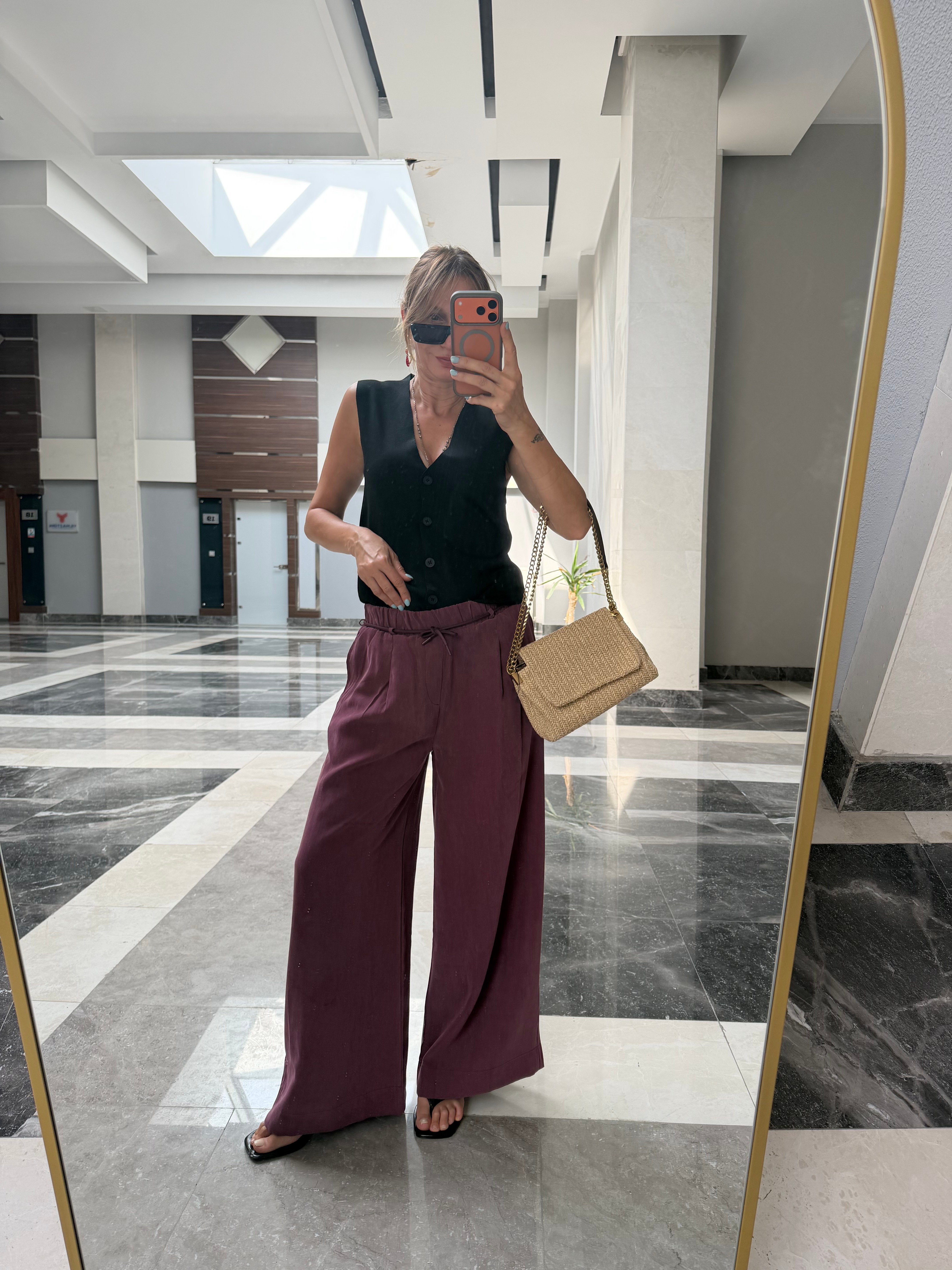 Yüksek Bel Lastikli İp Kemerli Bordo Modal Tensel Kos Pantolon