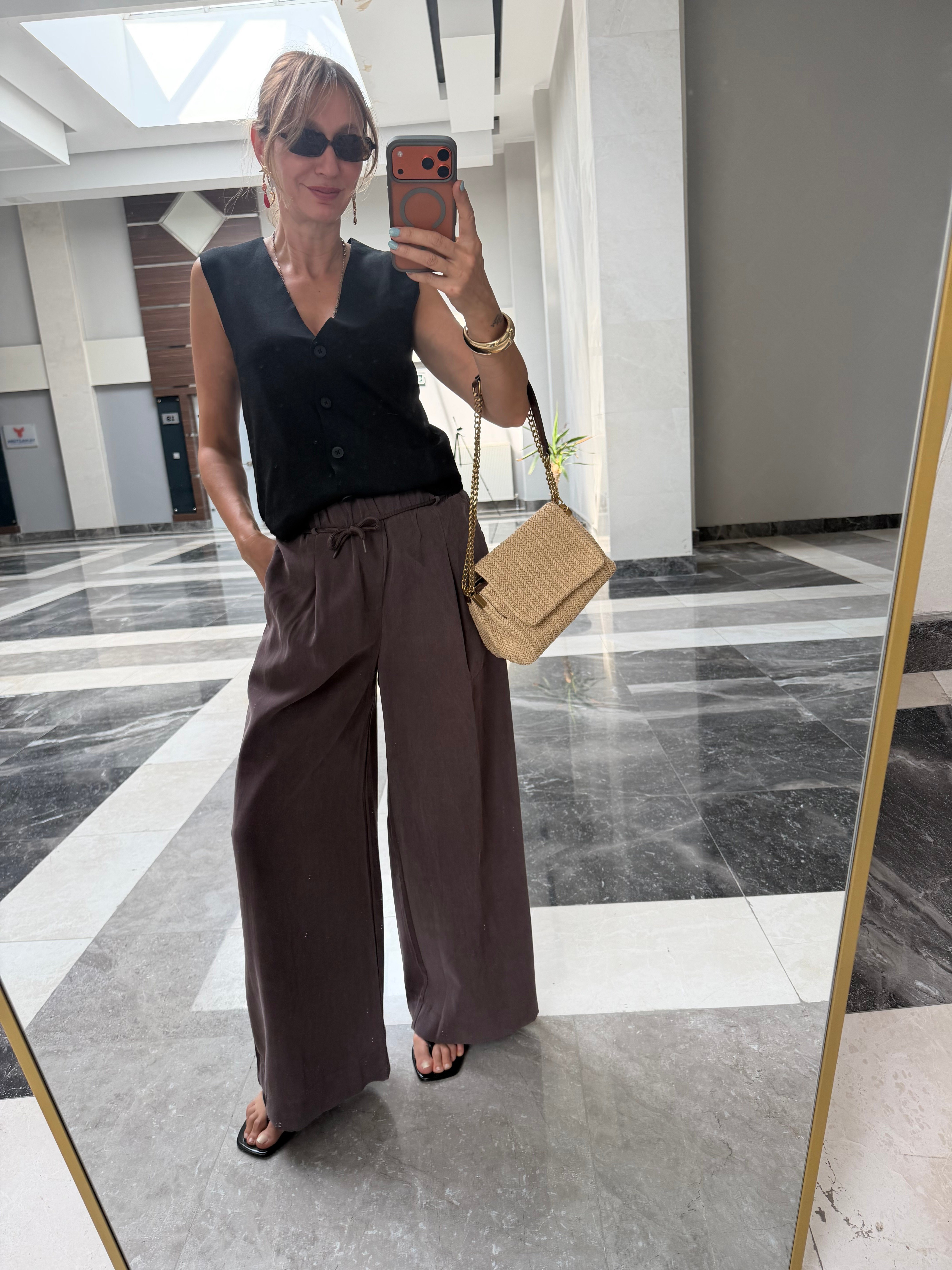 Yüksek Bel Lastikli İp Kemerli Latte Modal Tensel Kos Pantolon
