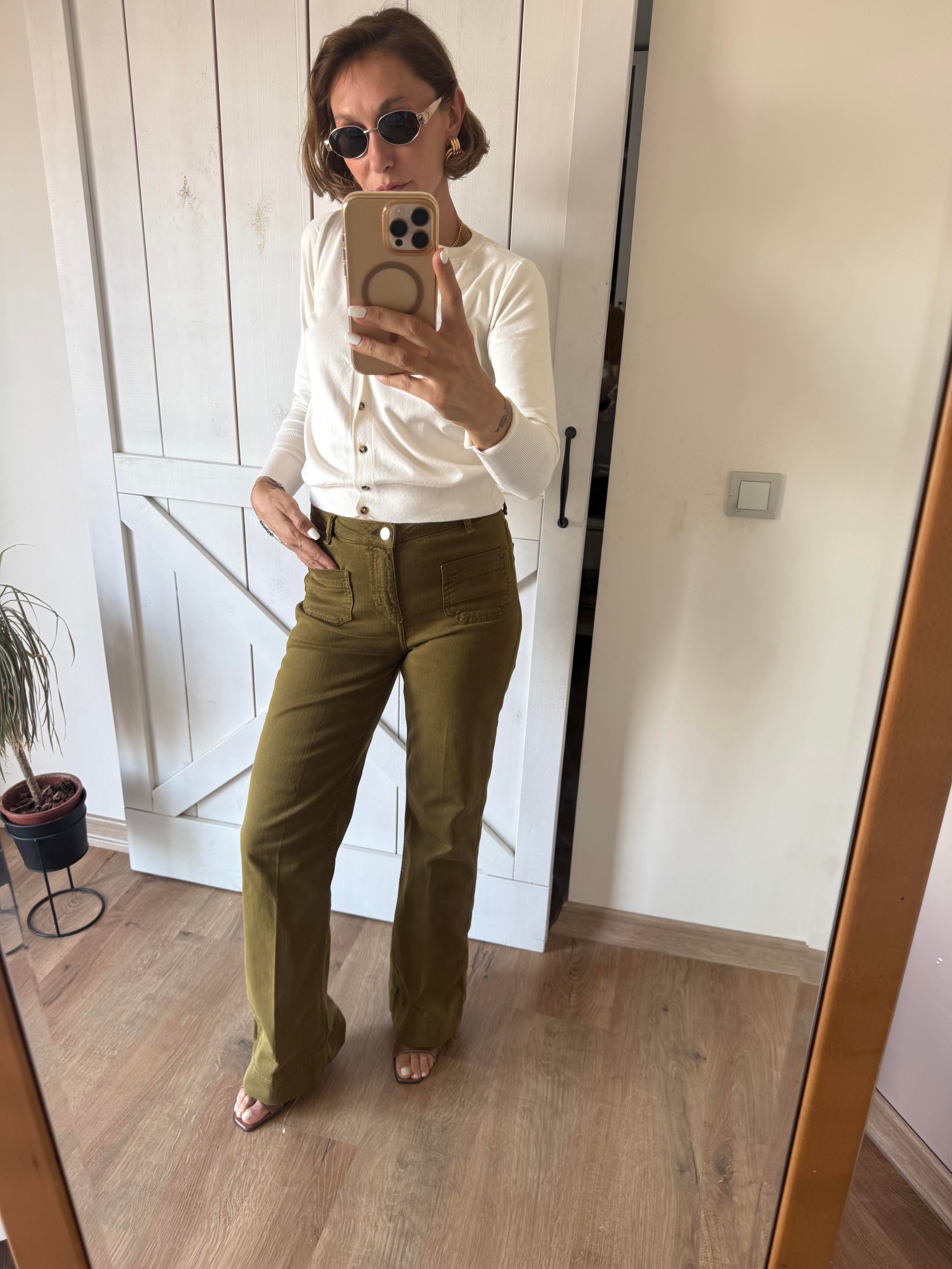 Yüksek Bel Yama Cepli Haki Jean