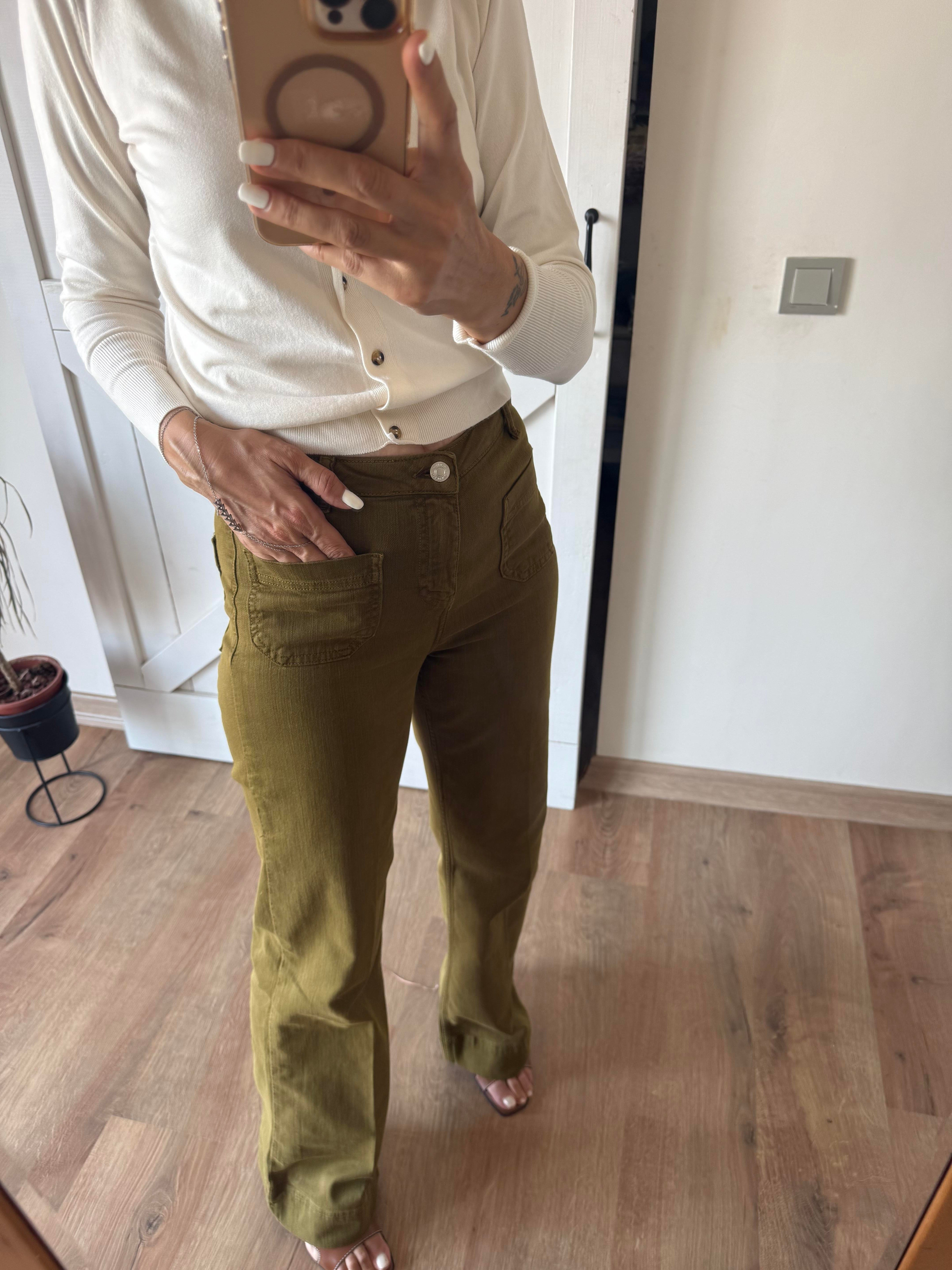 Yüksek Bel Yama Cepli Haki Jean