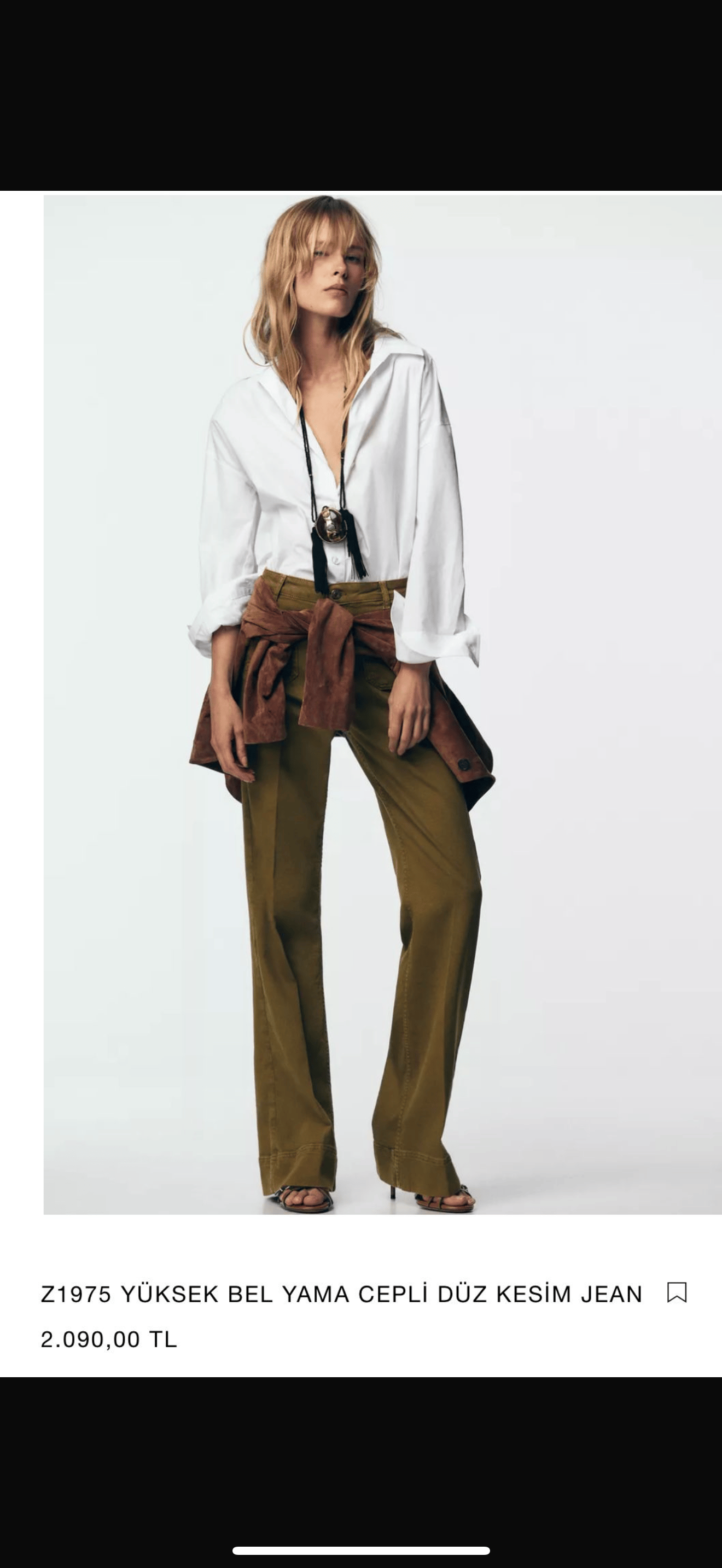 Yüksek Bel Yama Cepli Haki Jean