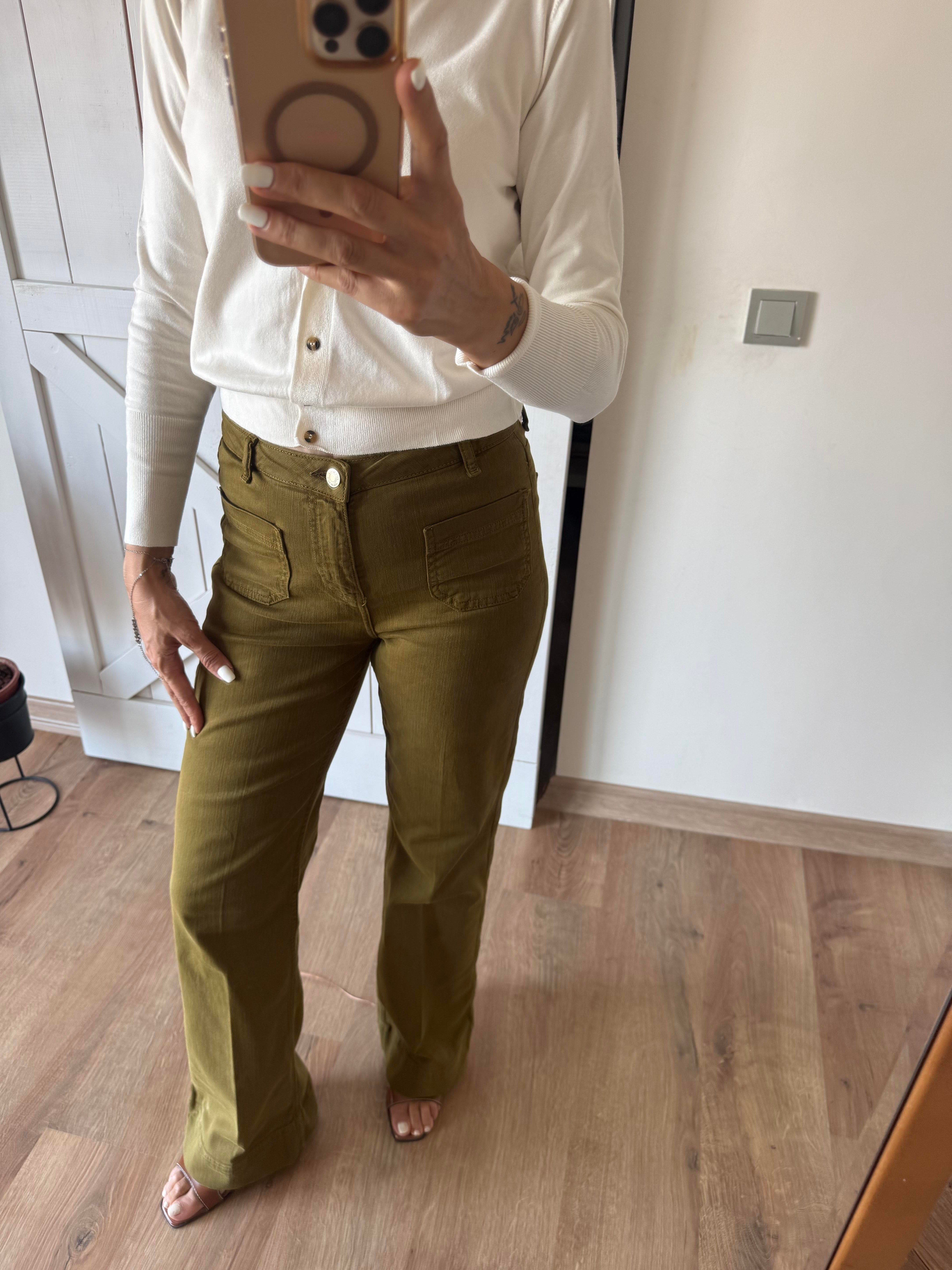 Yüksek Bel Yama Cepli Haki Jean