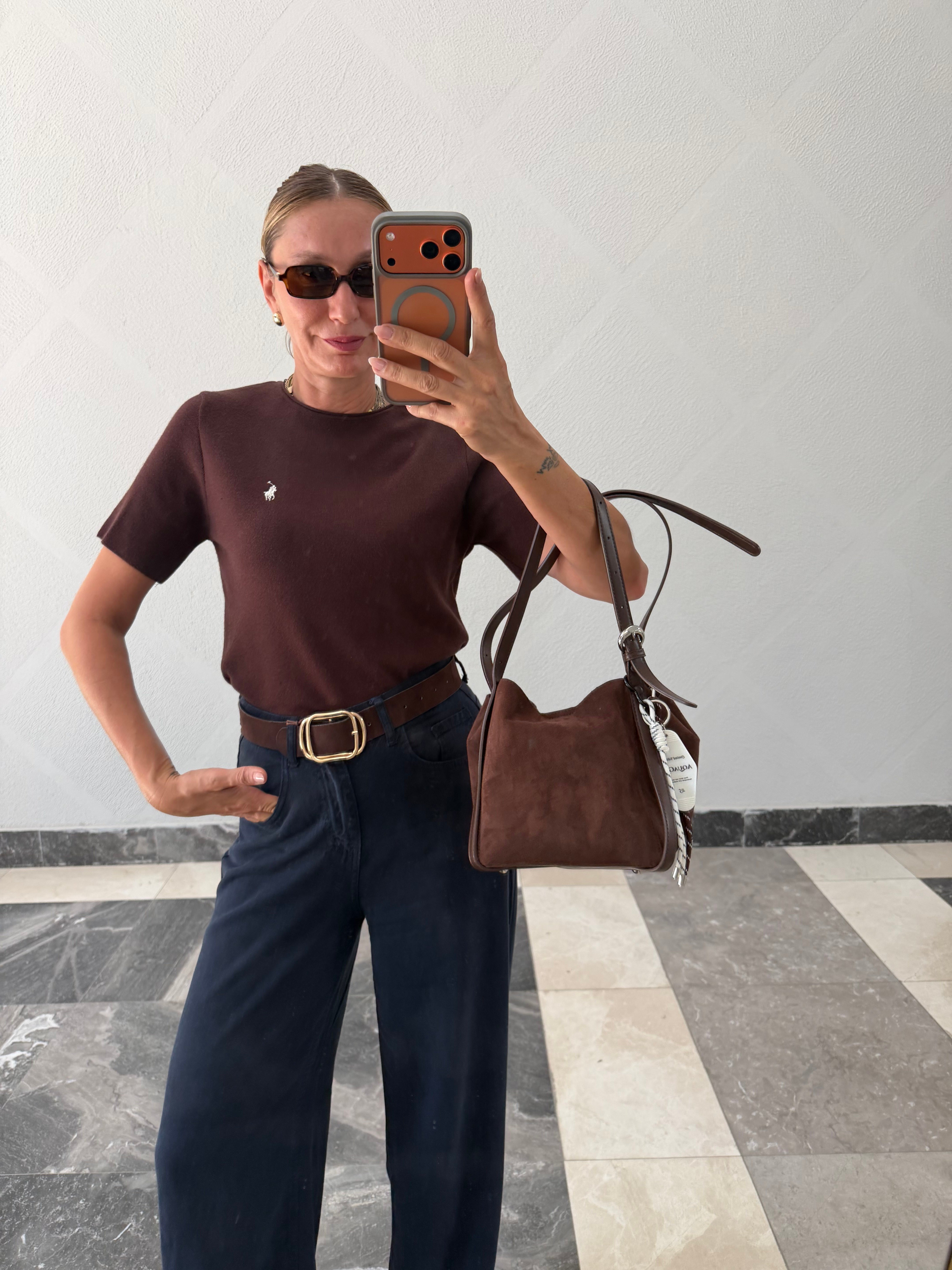 Yumuşak Dokulu Kahverengi Rl Kısa Kollu Triko 