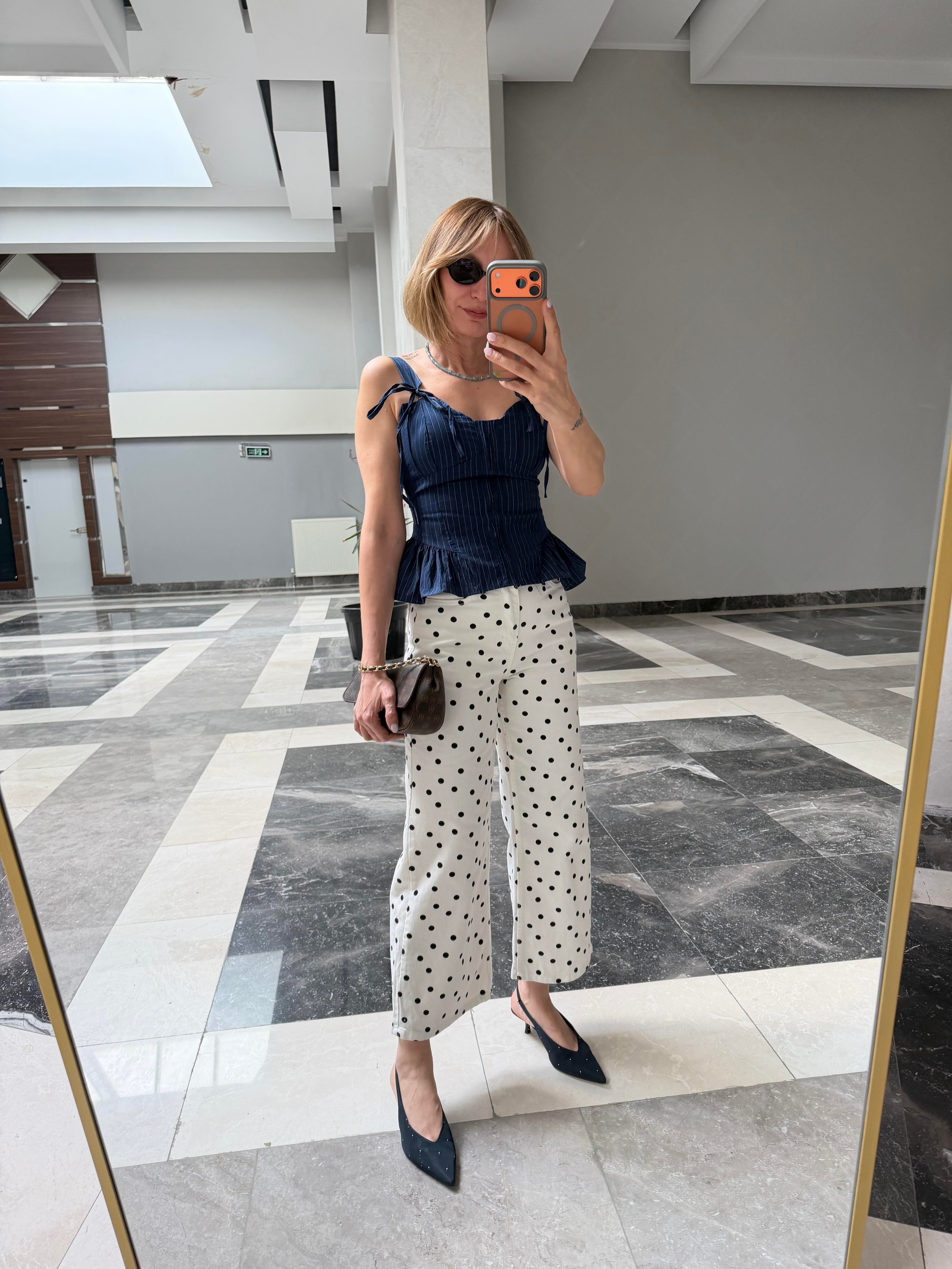 Zr Beyaz Siyah Puantiyeli Denim