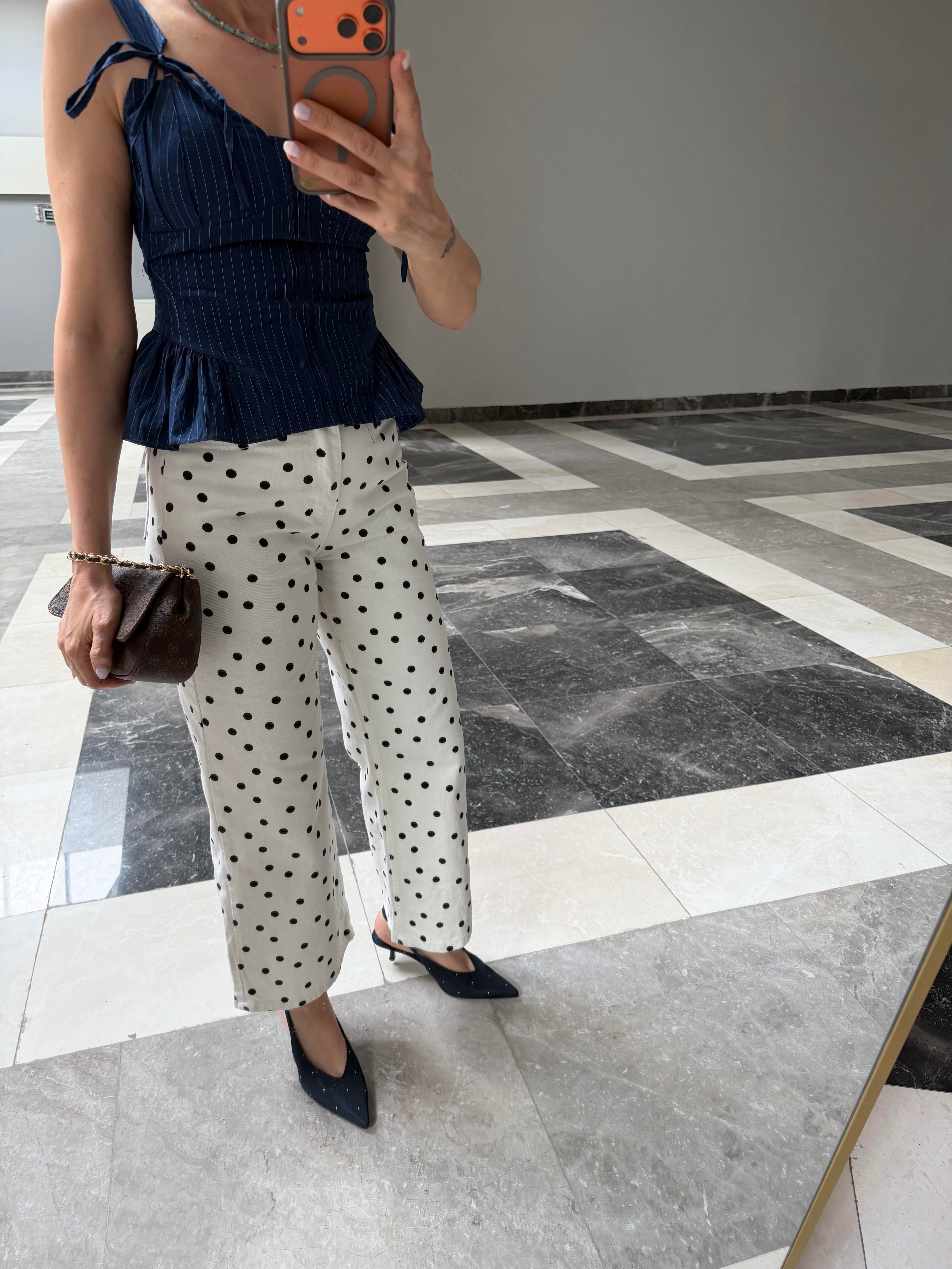 Zr Beyaz Siyah Puantiyeli Denim