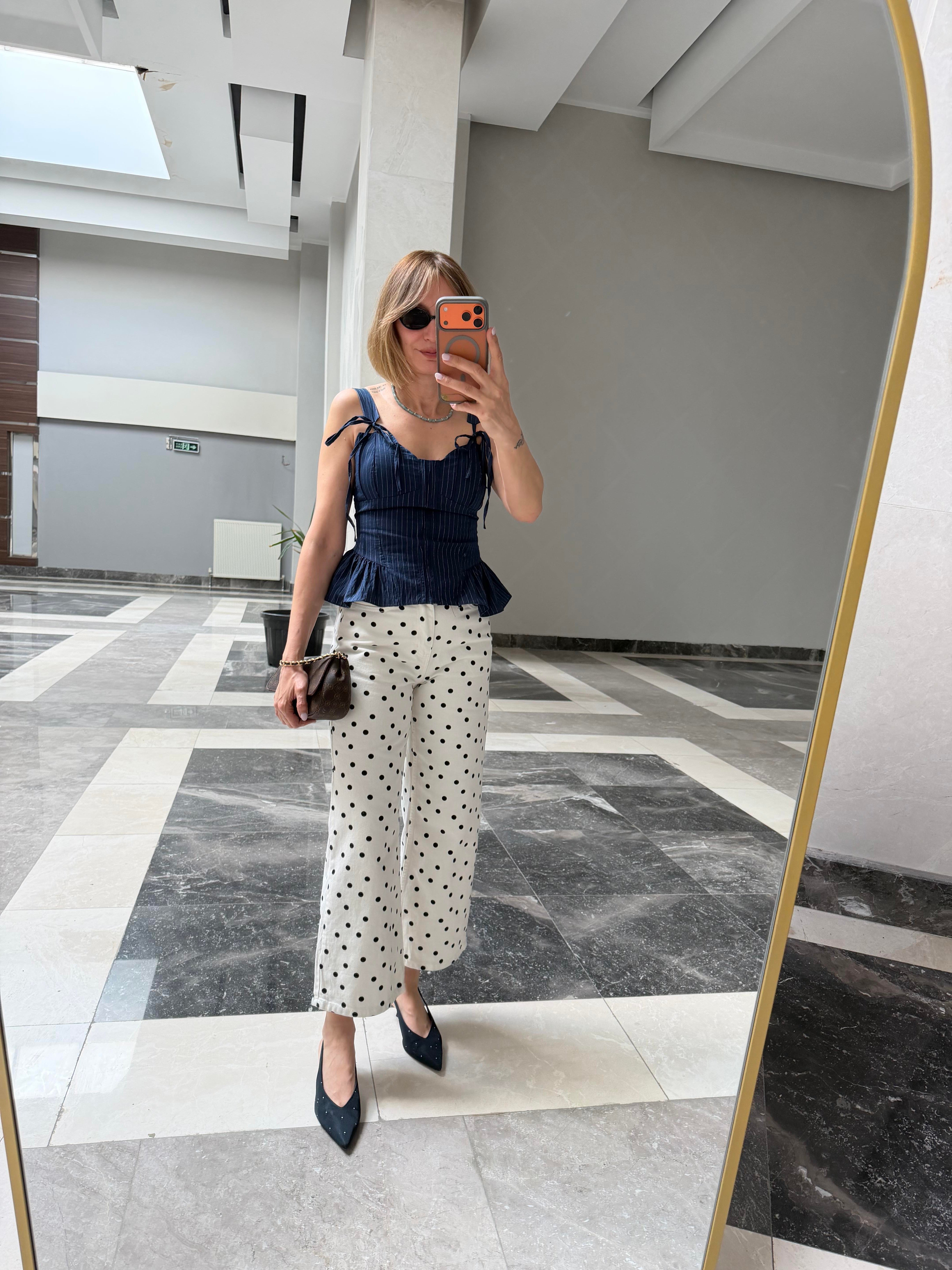 Zr Beyaz Siyah Puantiyeli Denim