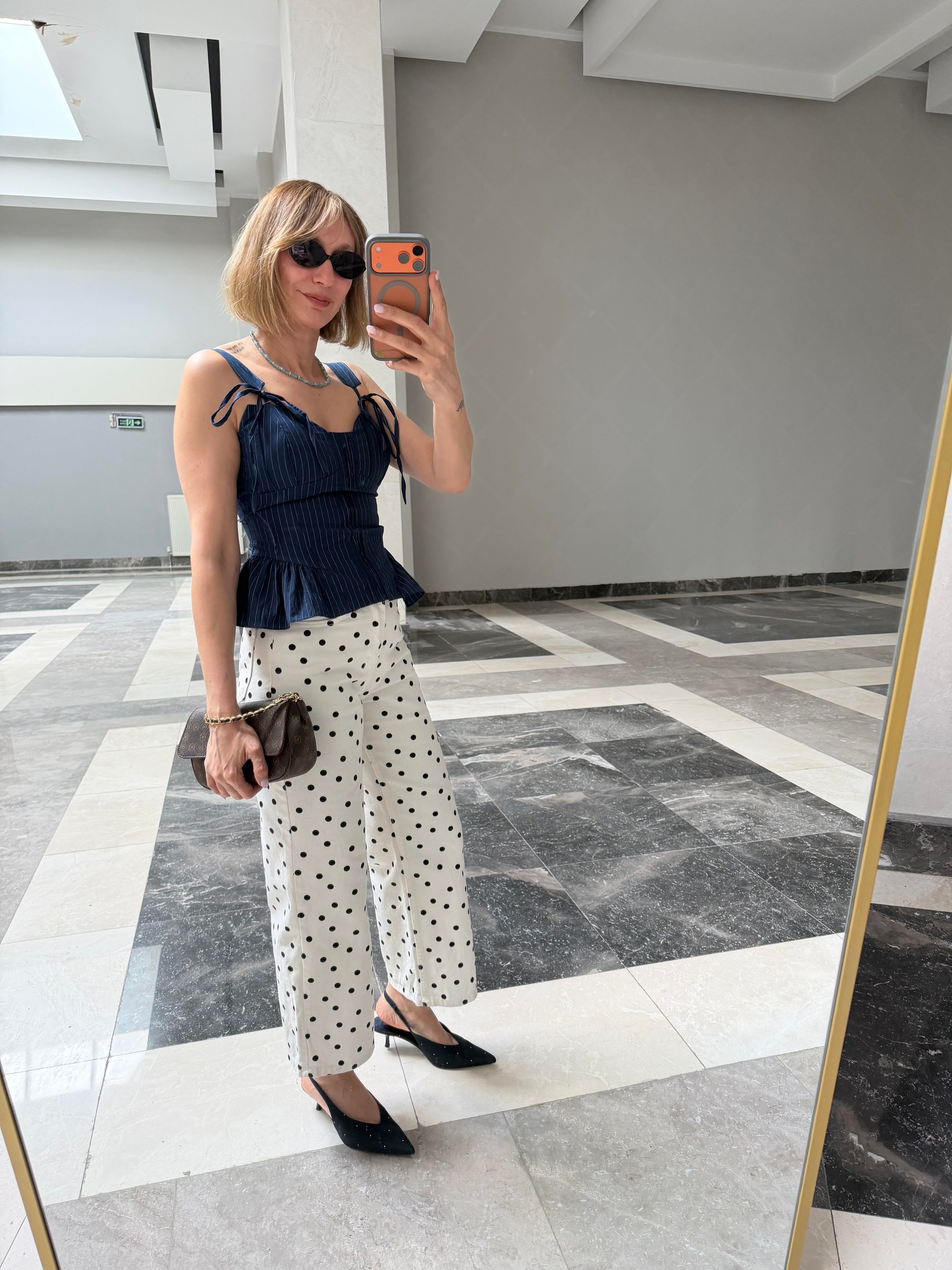 Zr Beyaz Siyah Puantiyeli Denim