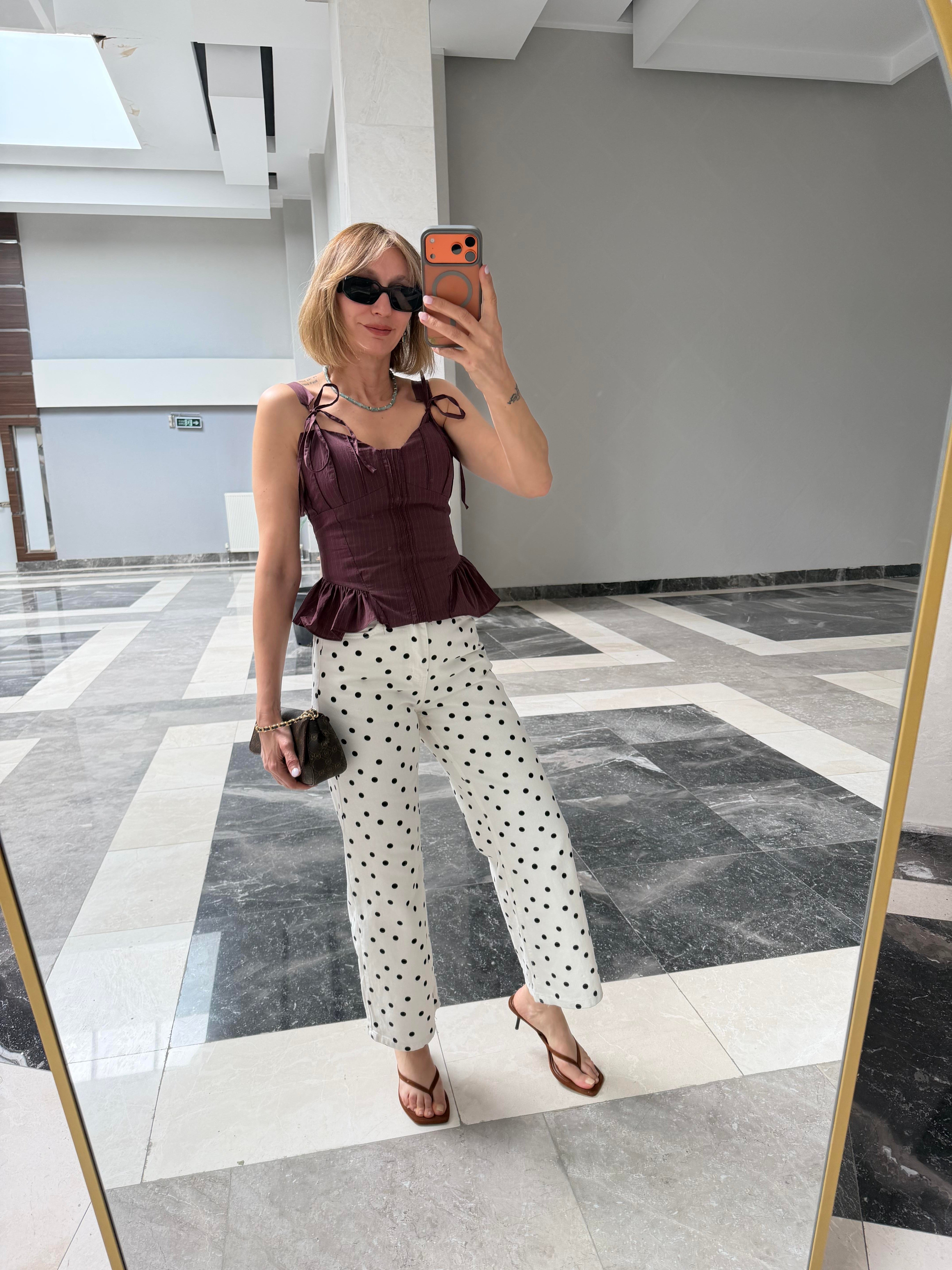 Zr Beyaz Siyah Puantiyeli Denim