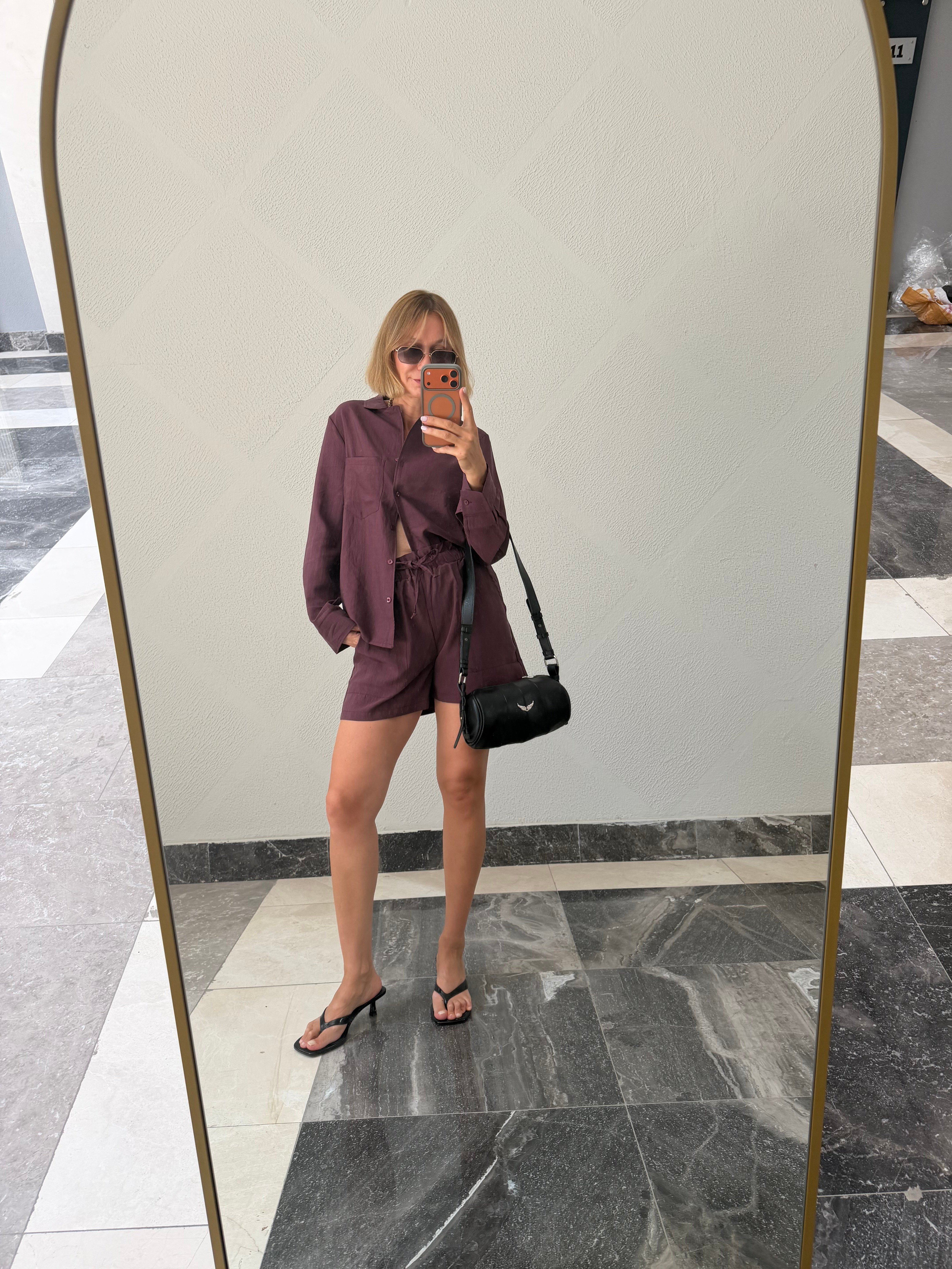 Zr Bordo Tensel Uzun Kollu Gömlek Şort Takım