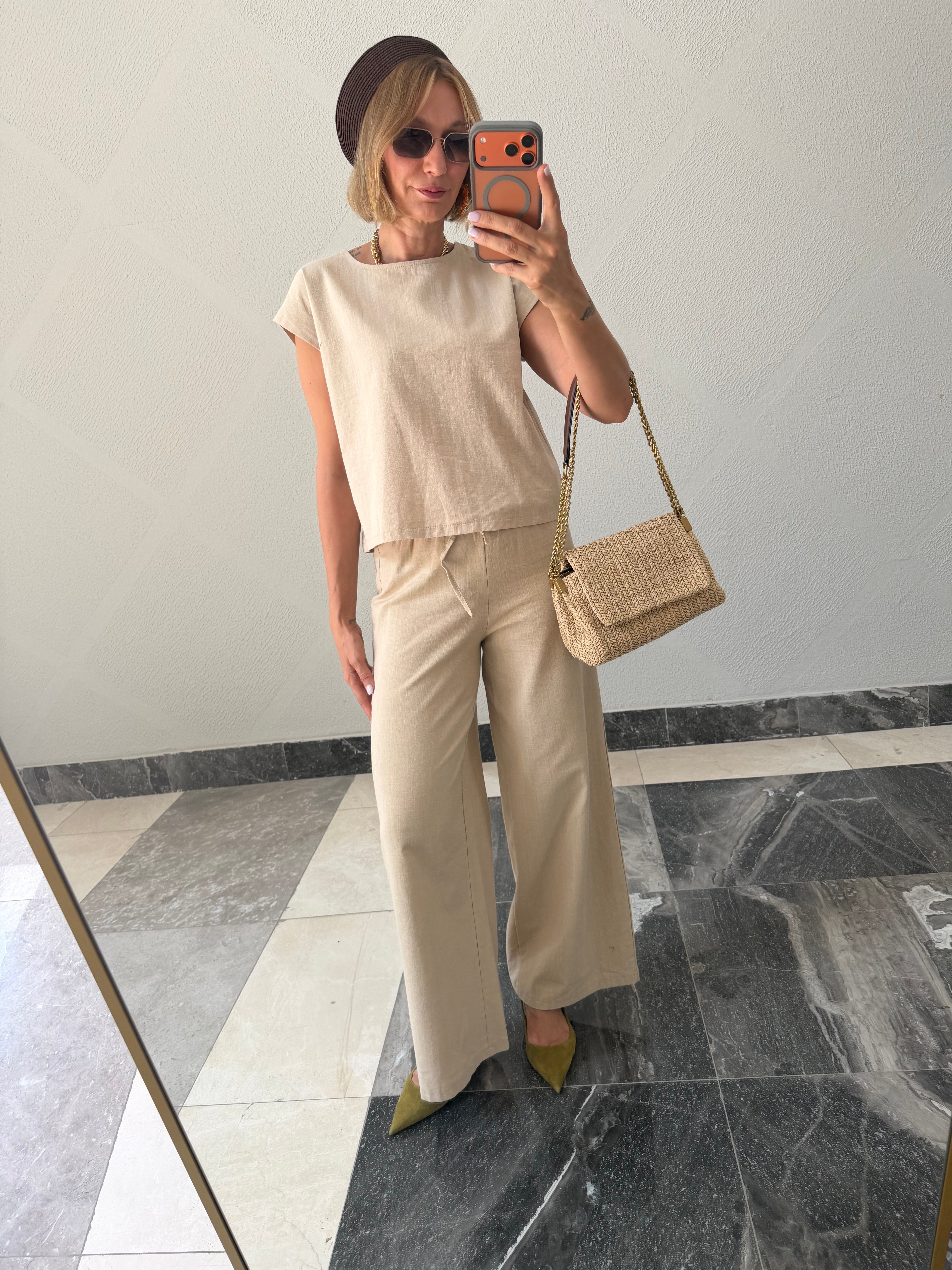 Zr Keten Ekru Tshirt Pantolon Takım