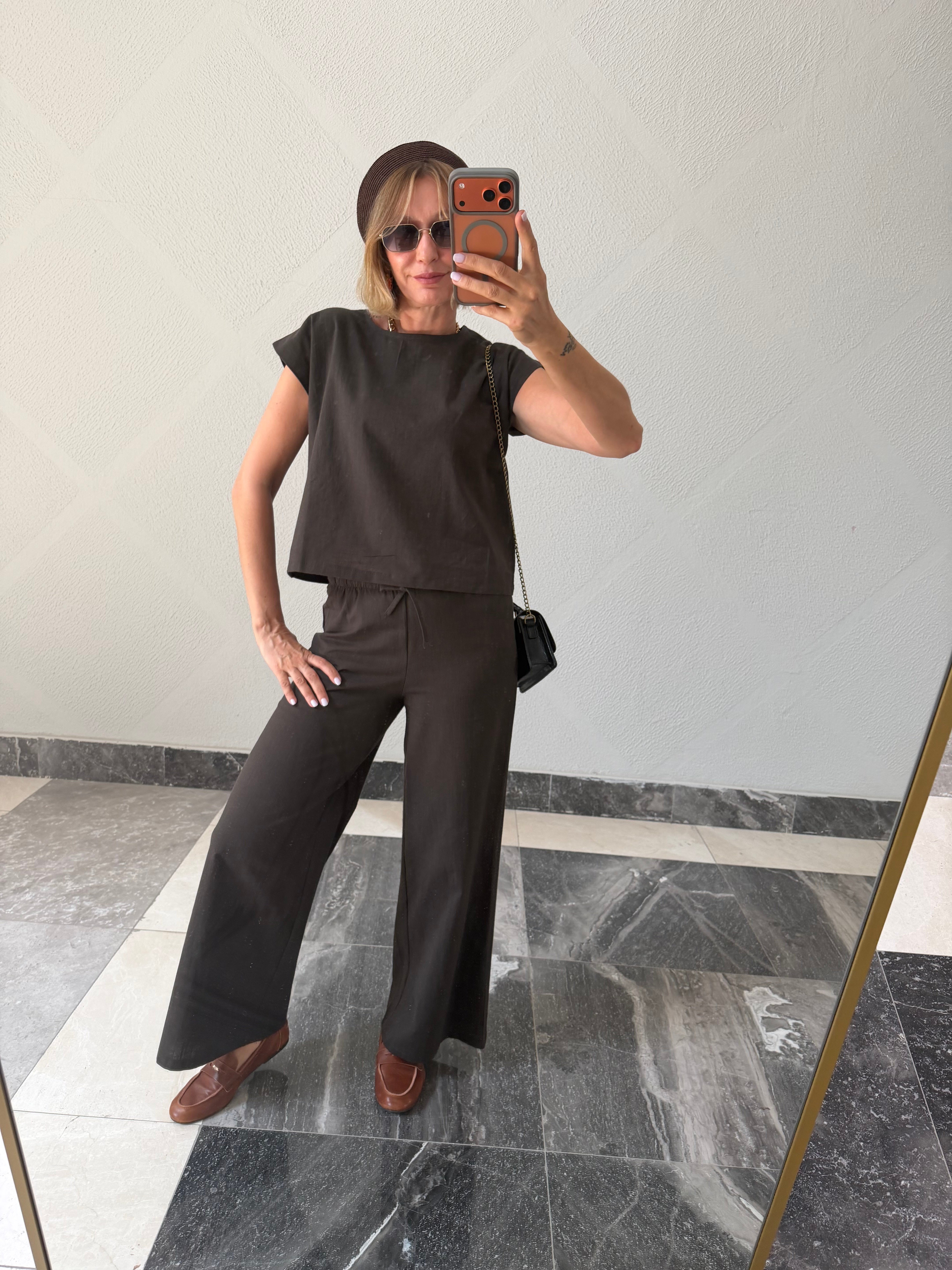 Zr Keten  Füme Tshirt Pantolon Takım