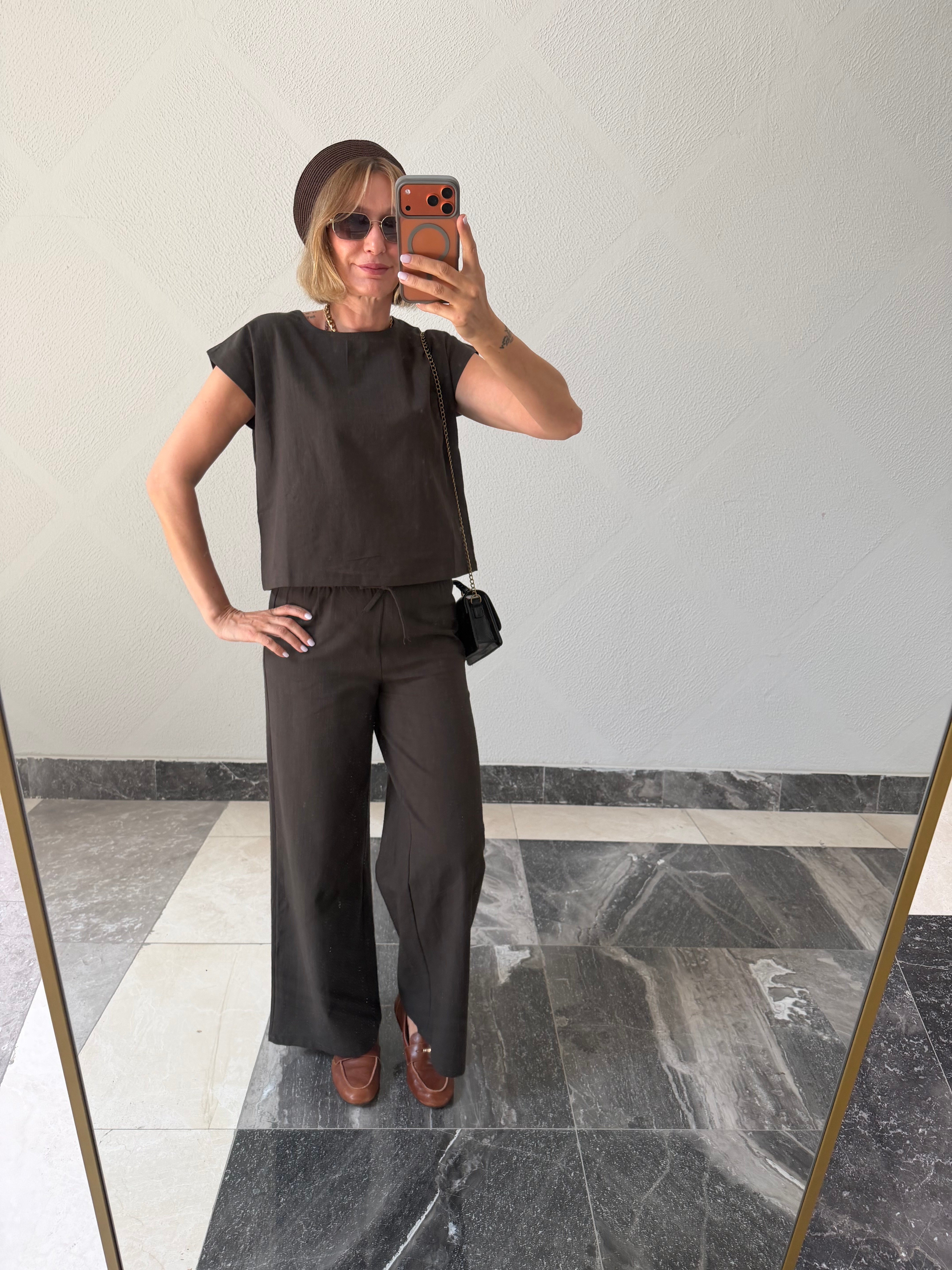 Zr Keten  Füme Tshirt Pantolon Takım