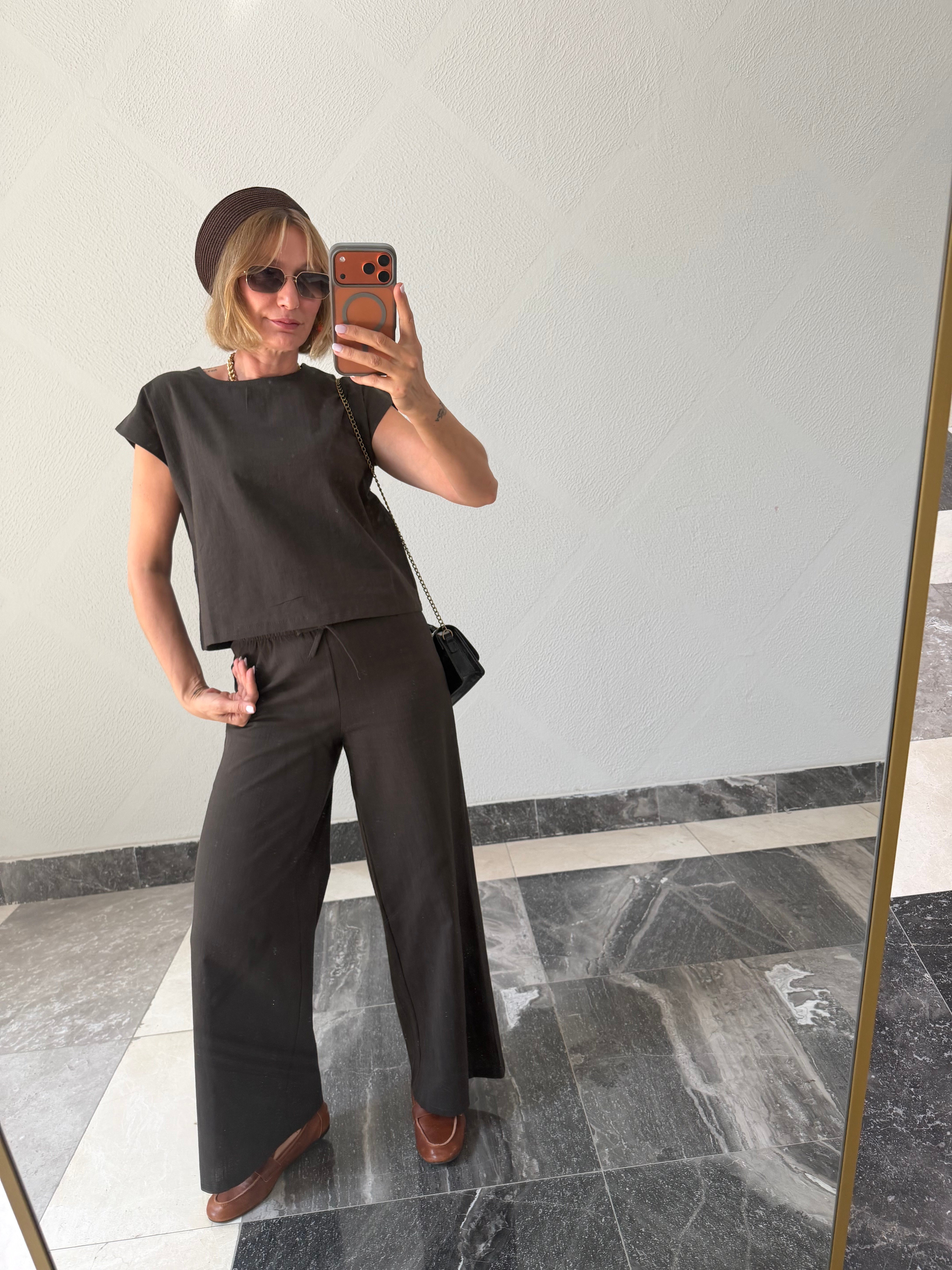 Zr Keten  Füme Tshirt Pantolon Takım