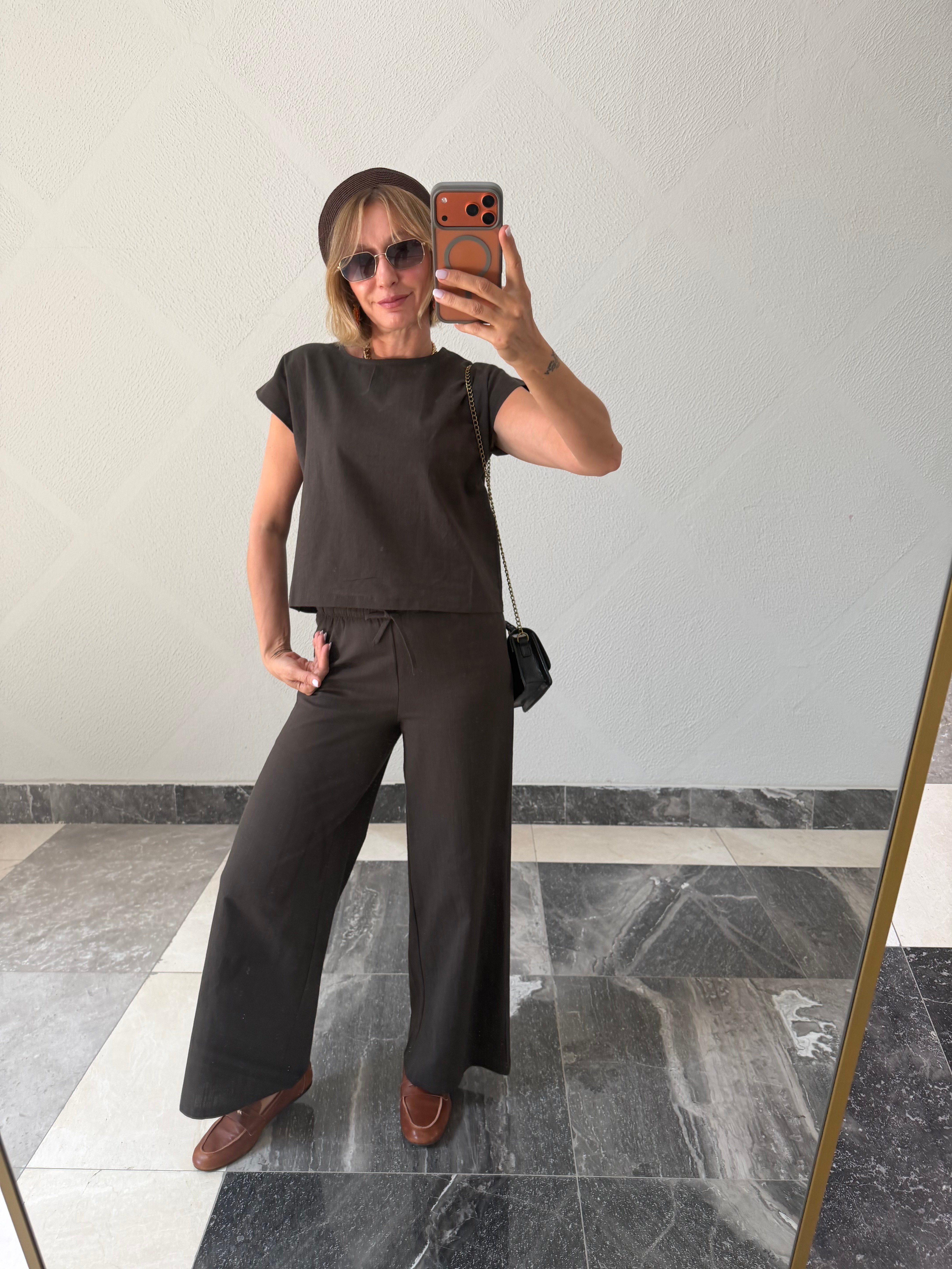 Zr Keten  Füme Tshirt Pantolon Takım