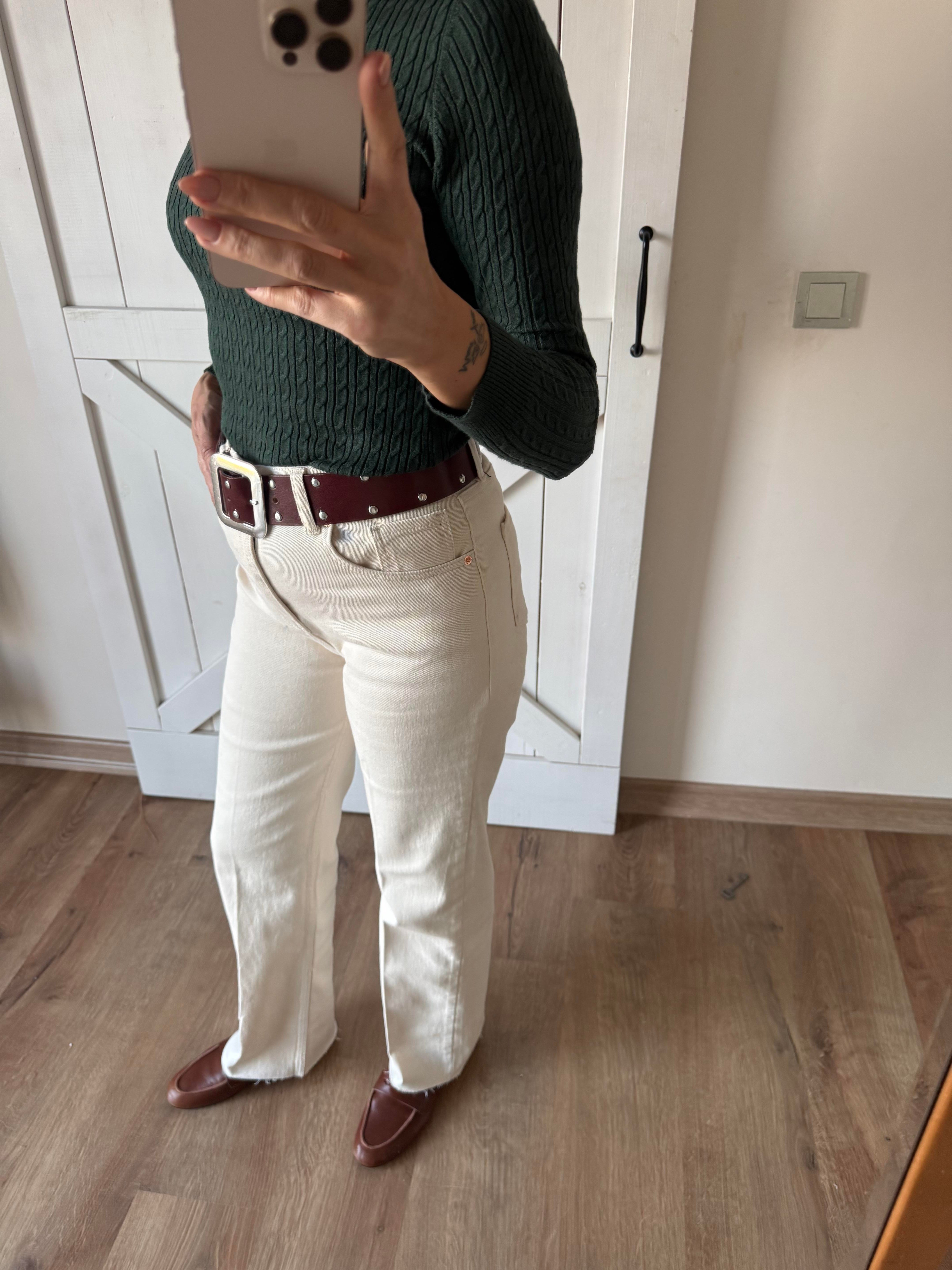 Zr Krem Yüksek Bel Paçası Kesik Likralı Palazzo Jean Pantolon