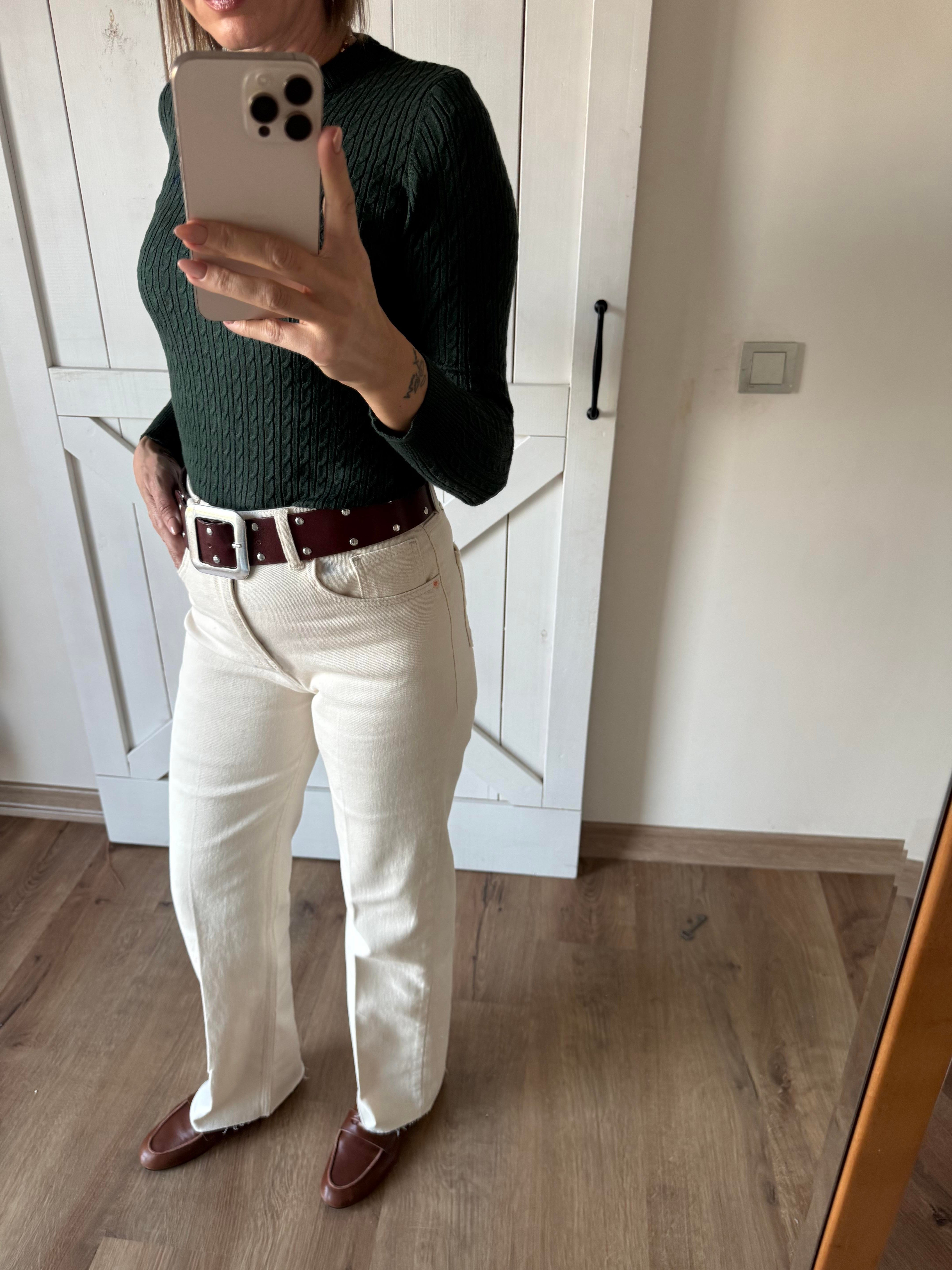 Zr Krem Yüksek Bel Paçası Kesik Likralı Palazzo Jean Pantolon