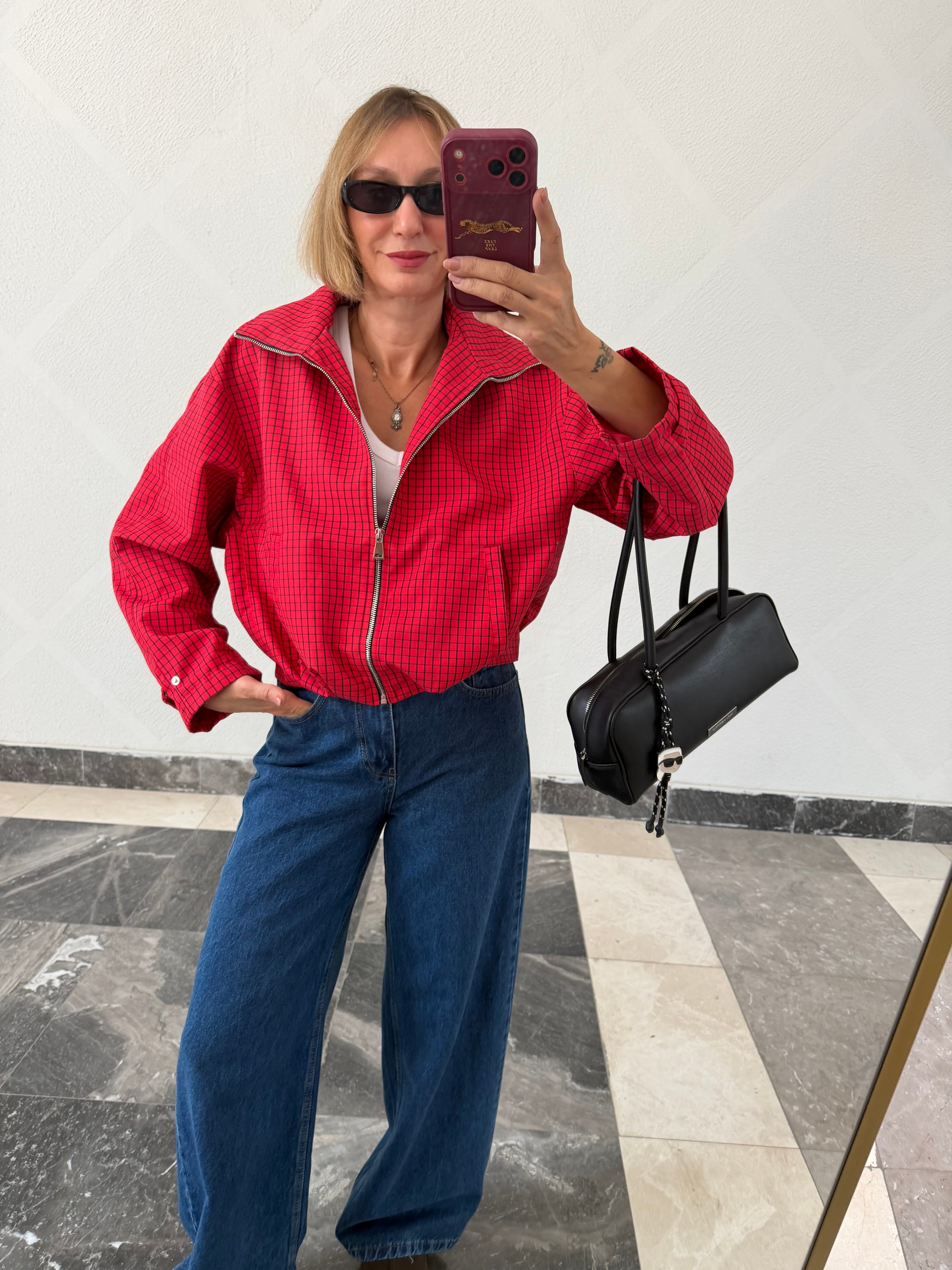Zr Model Kırmızı Lacivert Ekoseli Fermuarlı Trenç 