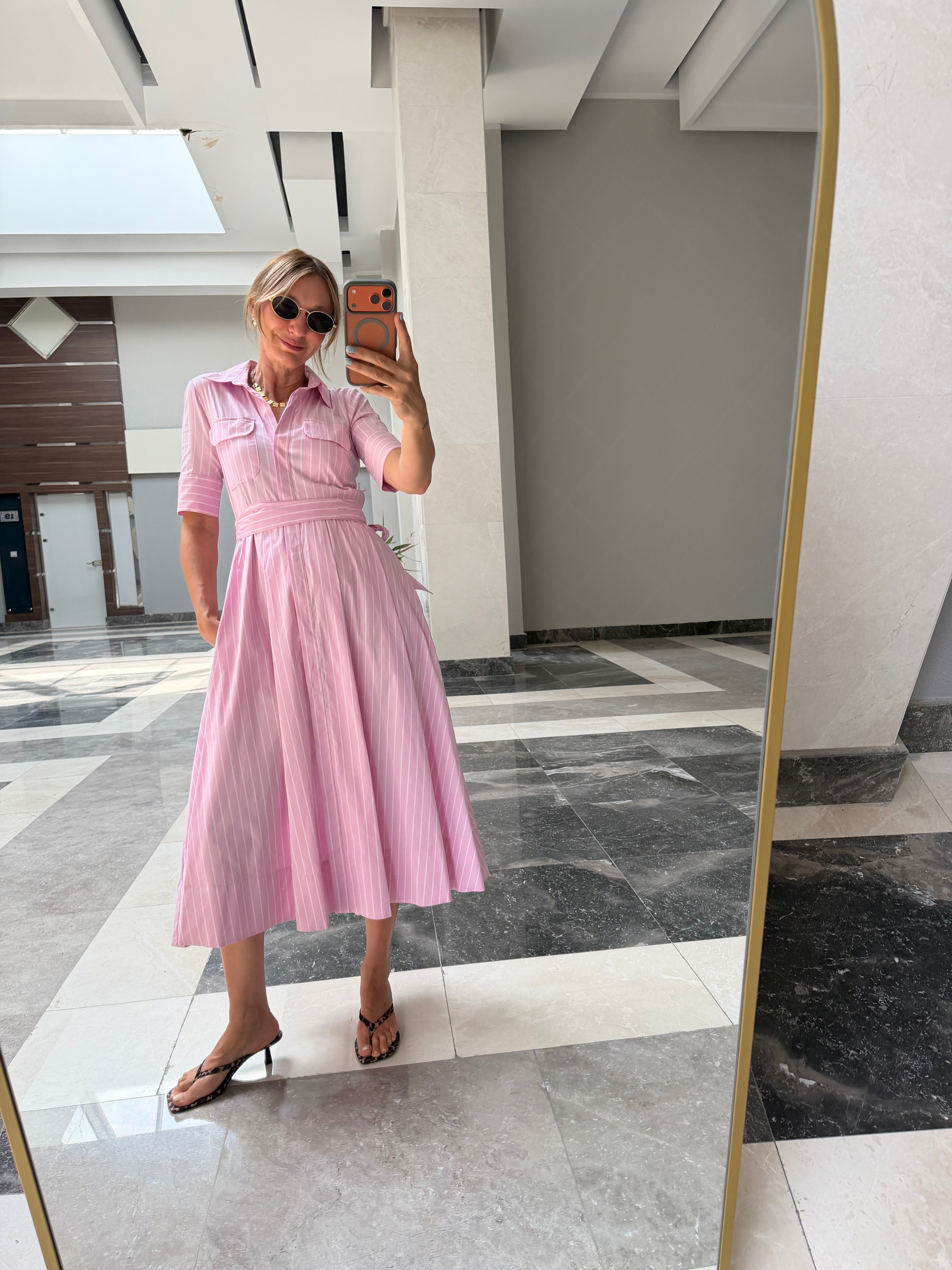 Zr Toz Pembe Kuşaklı Yanlardan Cepli Elbise