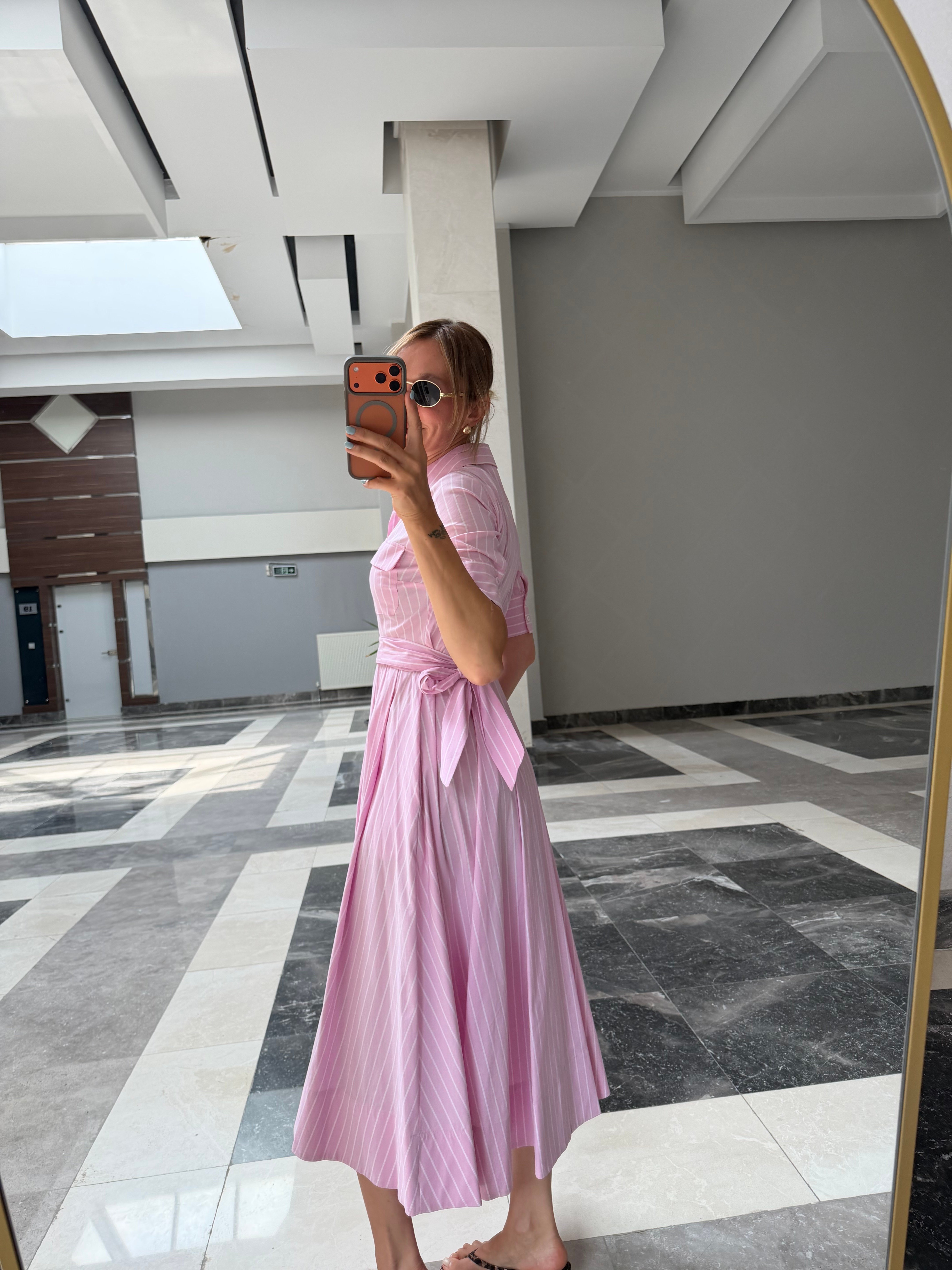 Zr Toz Pembe Kuşaklı Yanlardan Cepli Elbise