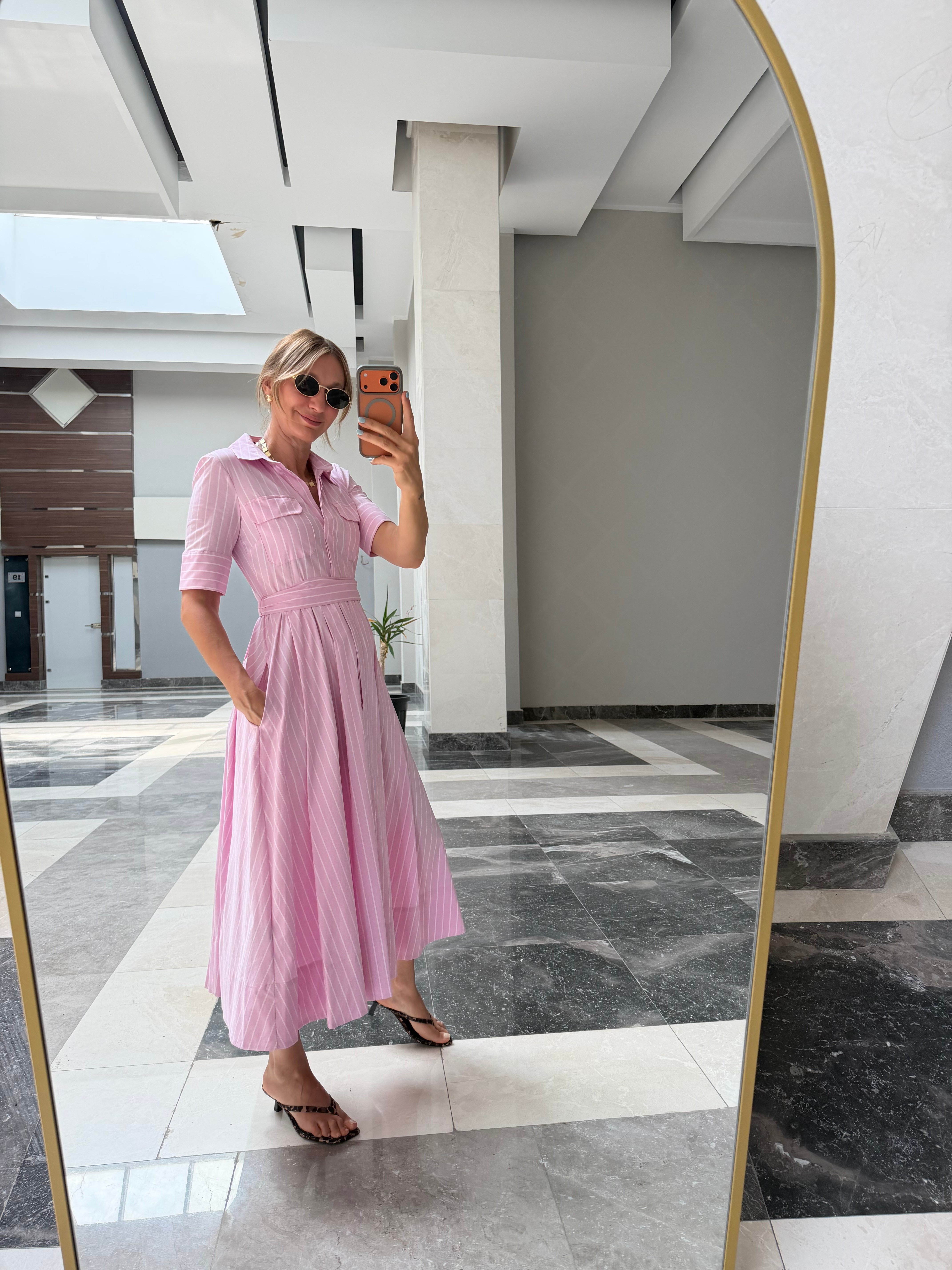 Zr Toz Pembe Kuşaklı Yanlardan Cepli Elbise