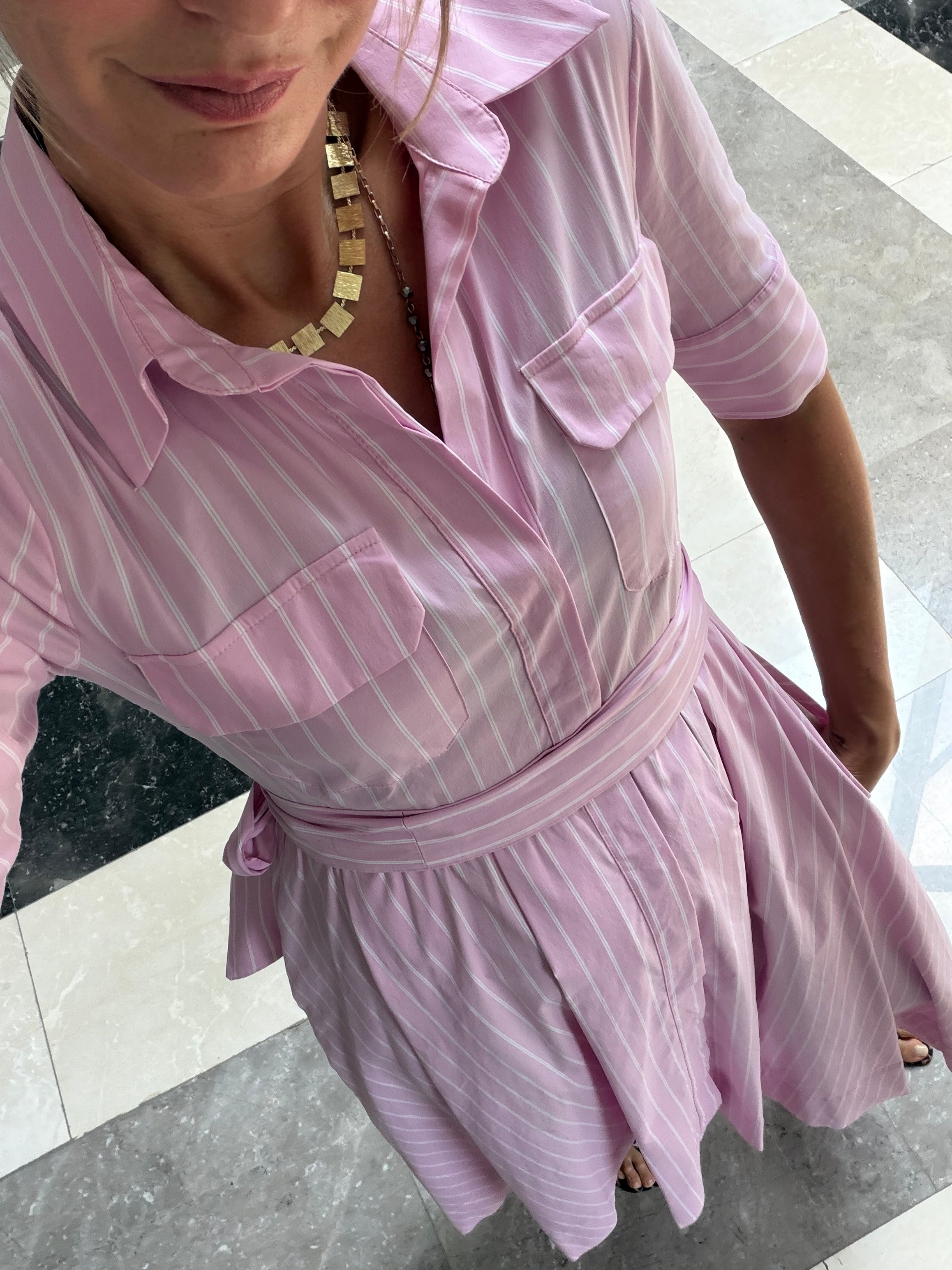 Zr Toz Pembe Kuşaklı Yanlardan Cepli Elbise