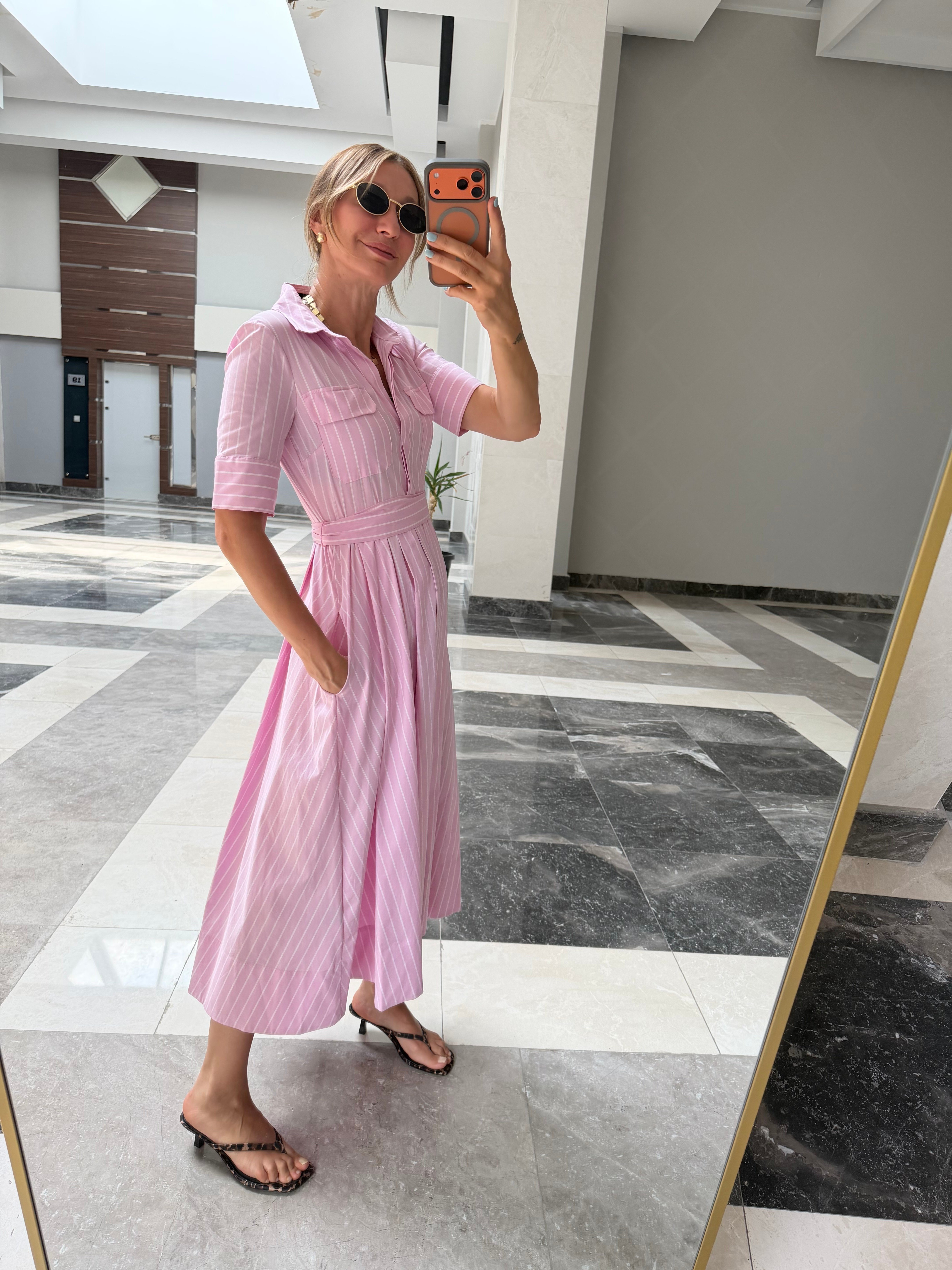 Zr Toz Pembe Kuşaklı Yanlardan Cepli Elbise