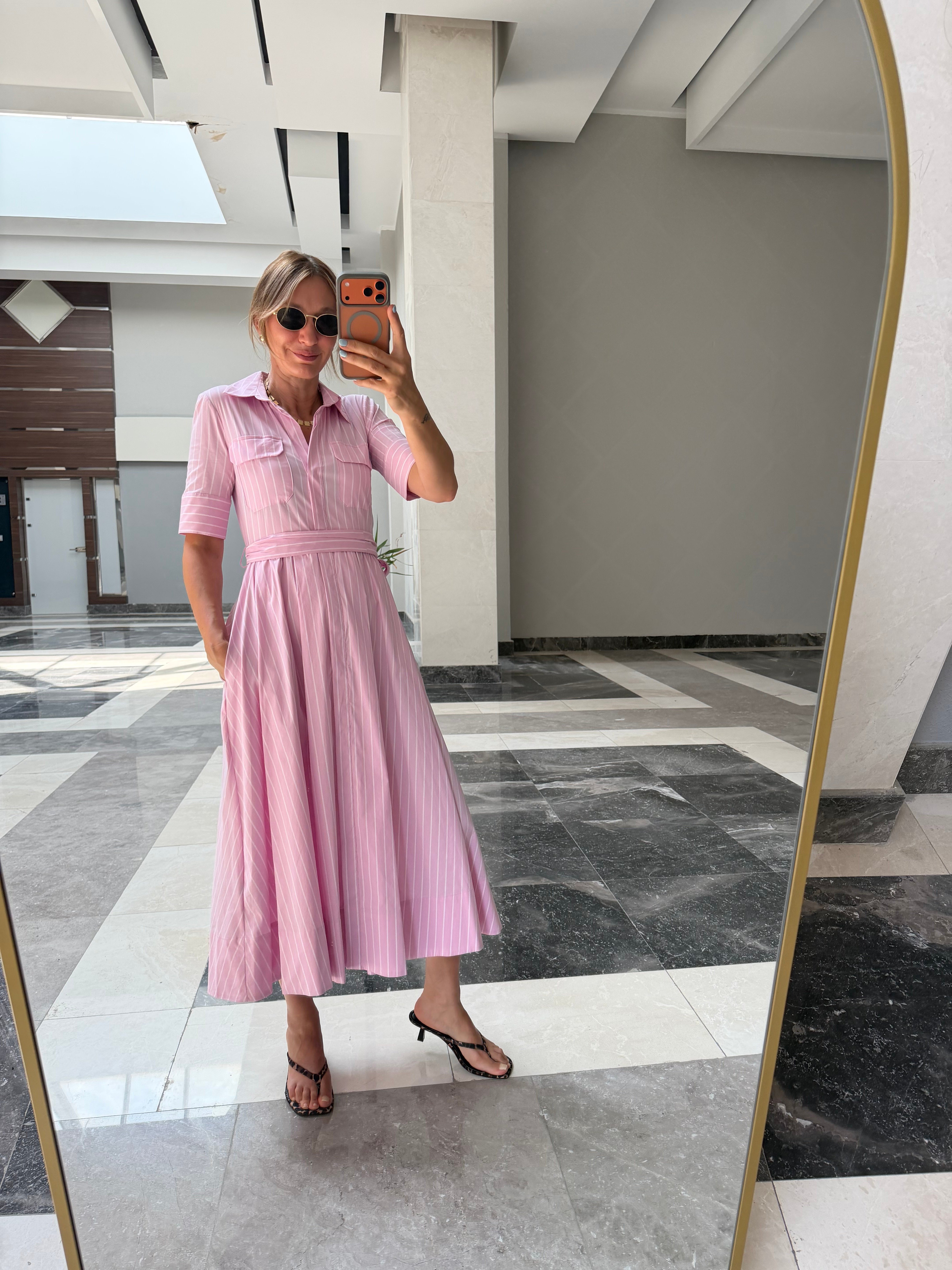 Zr Toz Pembe Kuşaklı Yanlardan Cepli Elbise