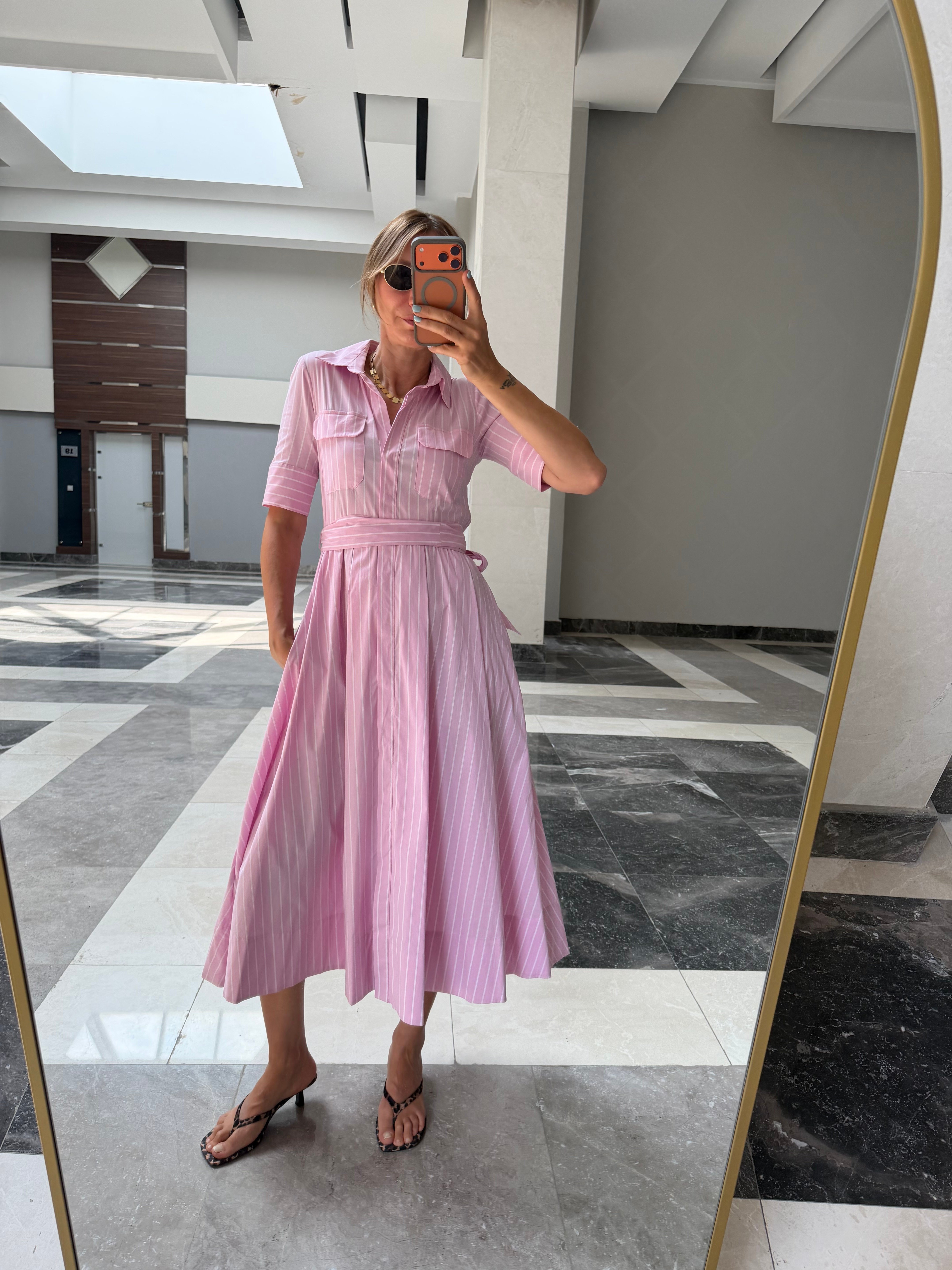 Zr Toz Pembe Kuşaklı Yanlardan Cepli Elbise