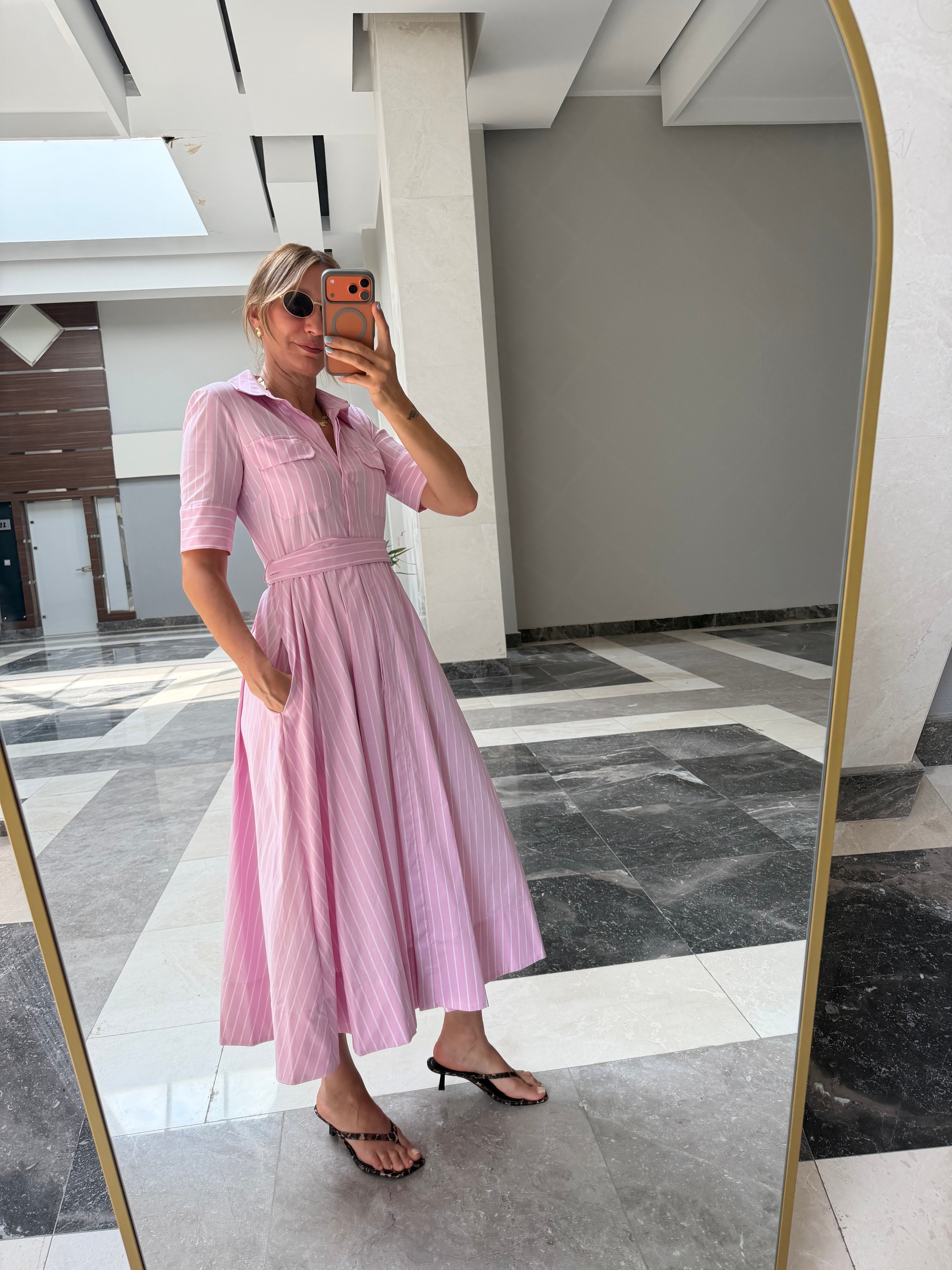 Zr Toz Pembe Kuşaklı Yanlardan Cepli Elbise