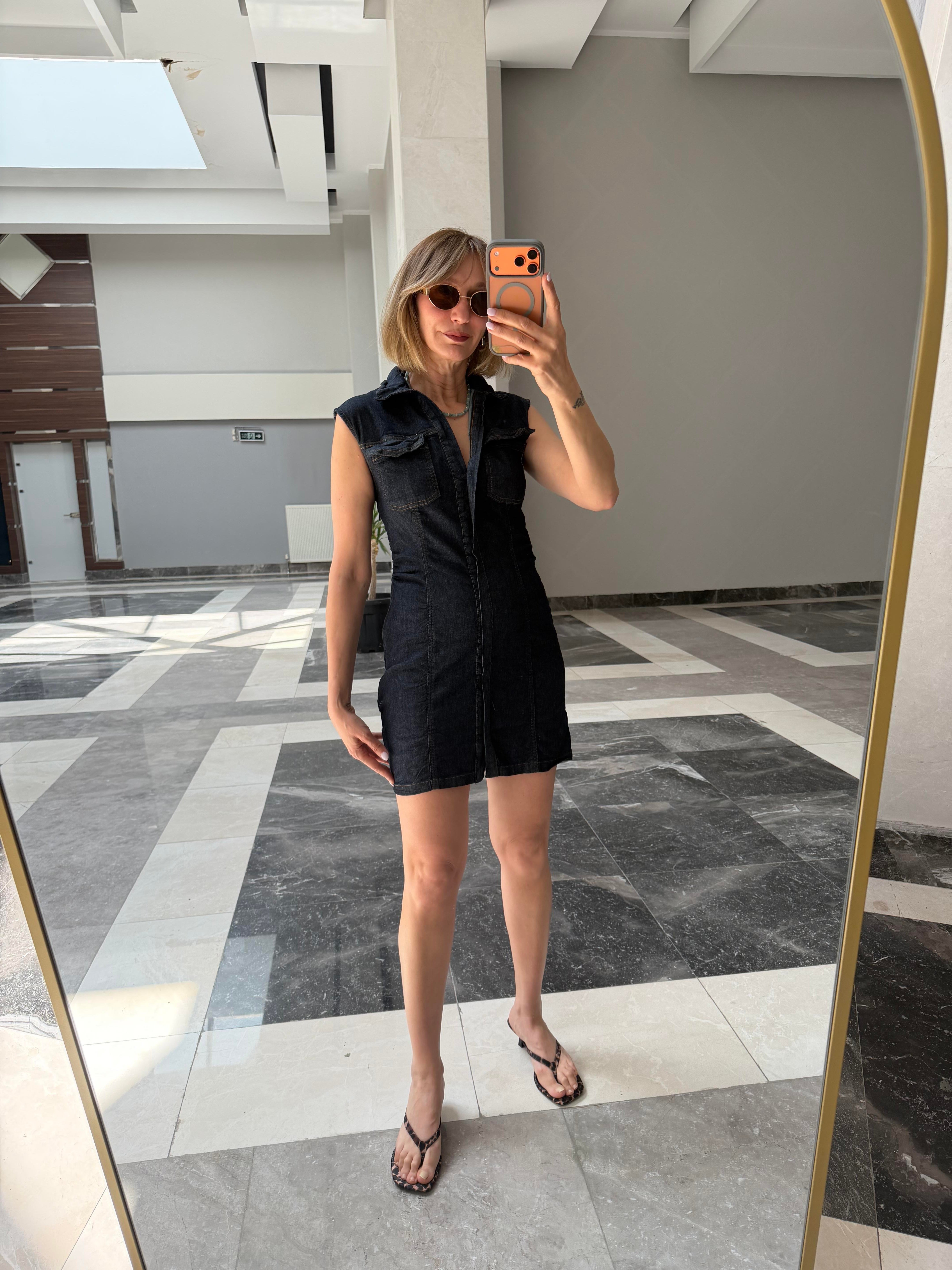 Zr Yanları Drape Dikişli Denim Görünümlü Elbise