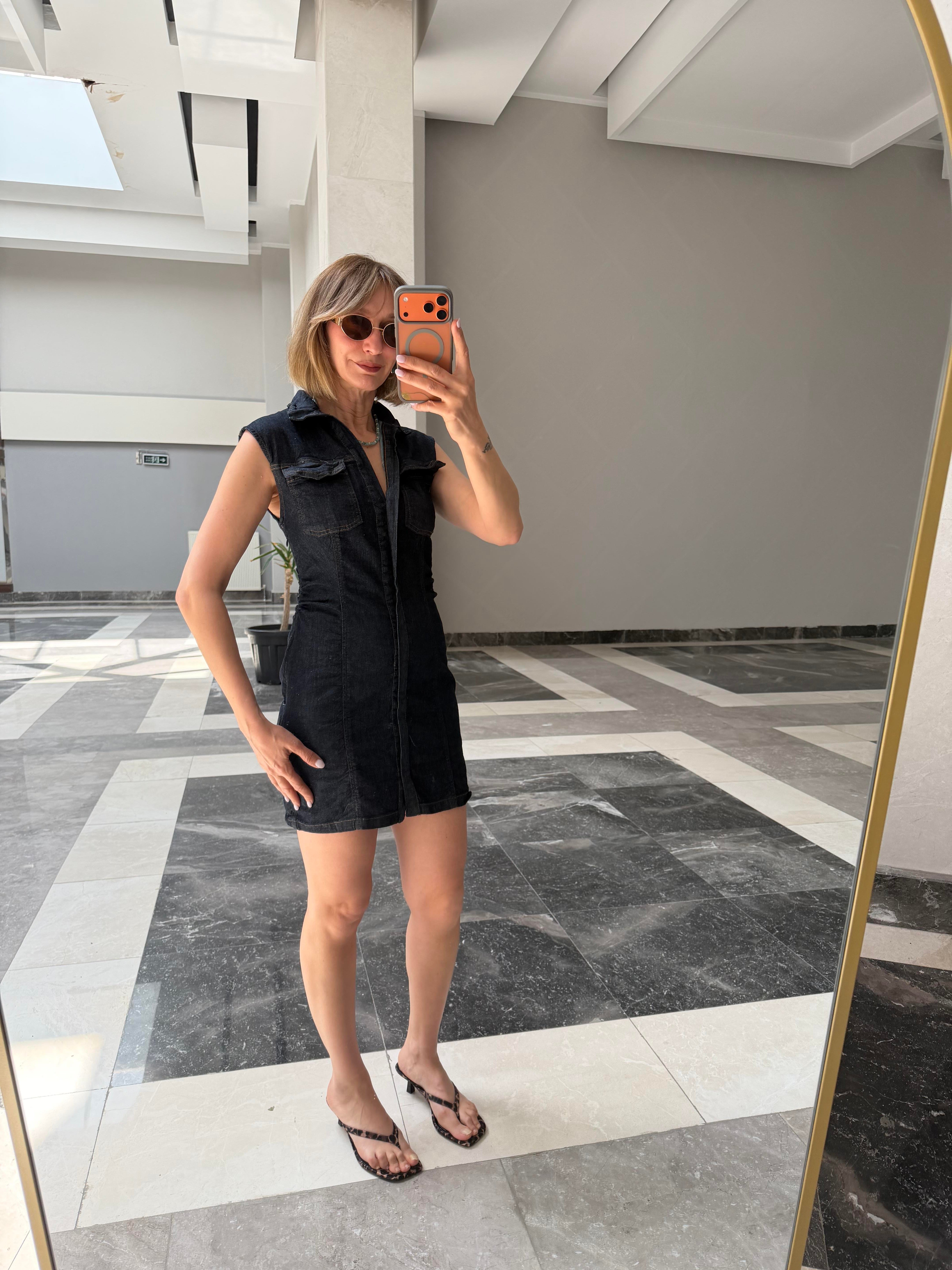 Zr Yanları Drape Dikişli Denim Görünümlü Elbise