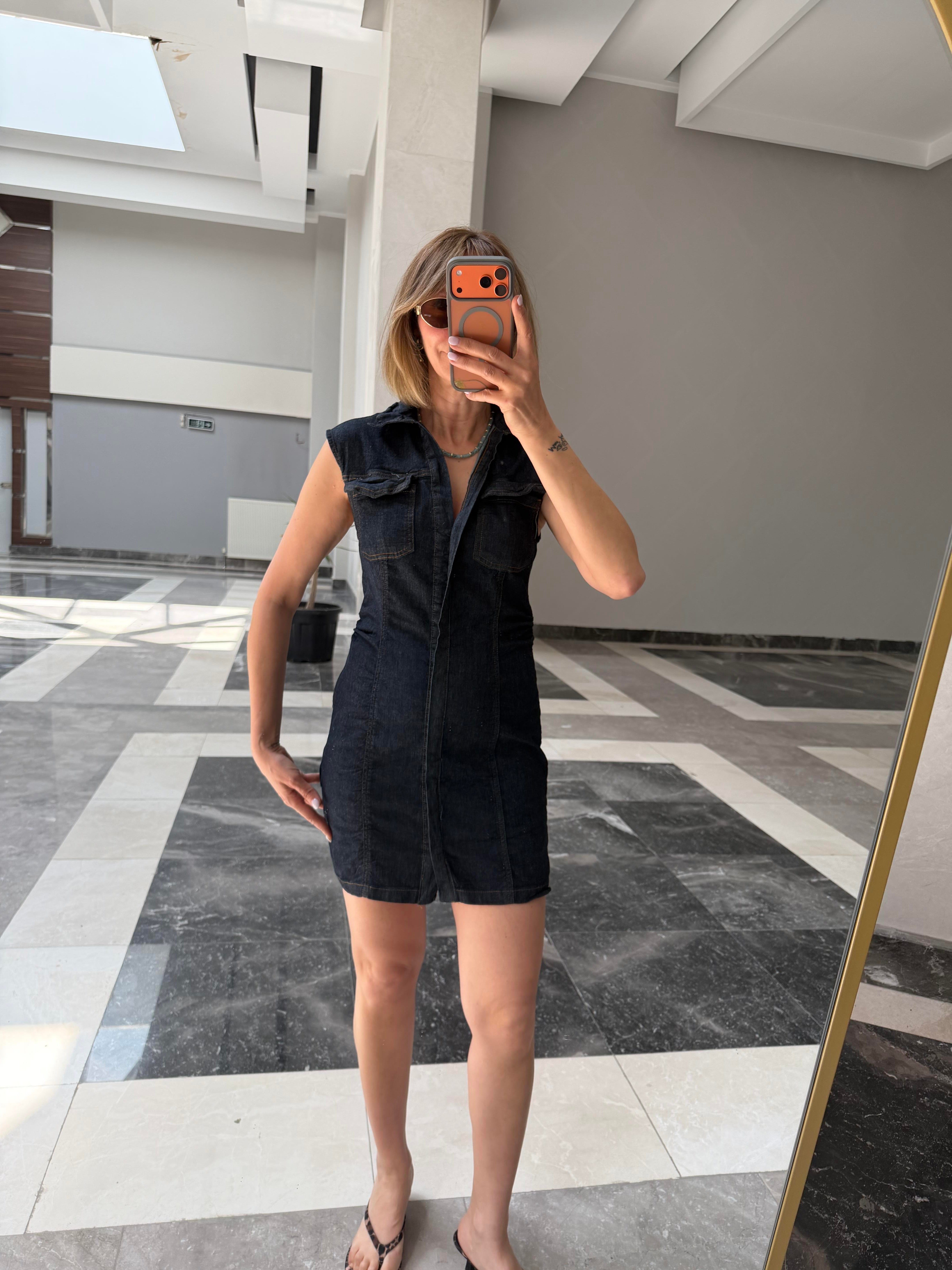 Zr Yanları Drape Dikişli Denim Görünümlü Elbise