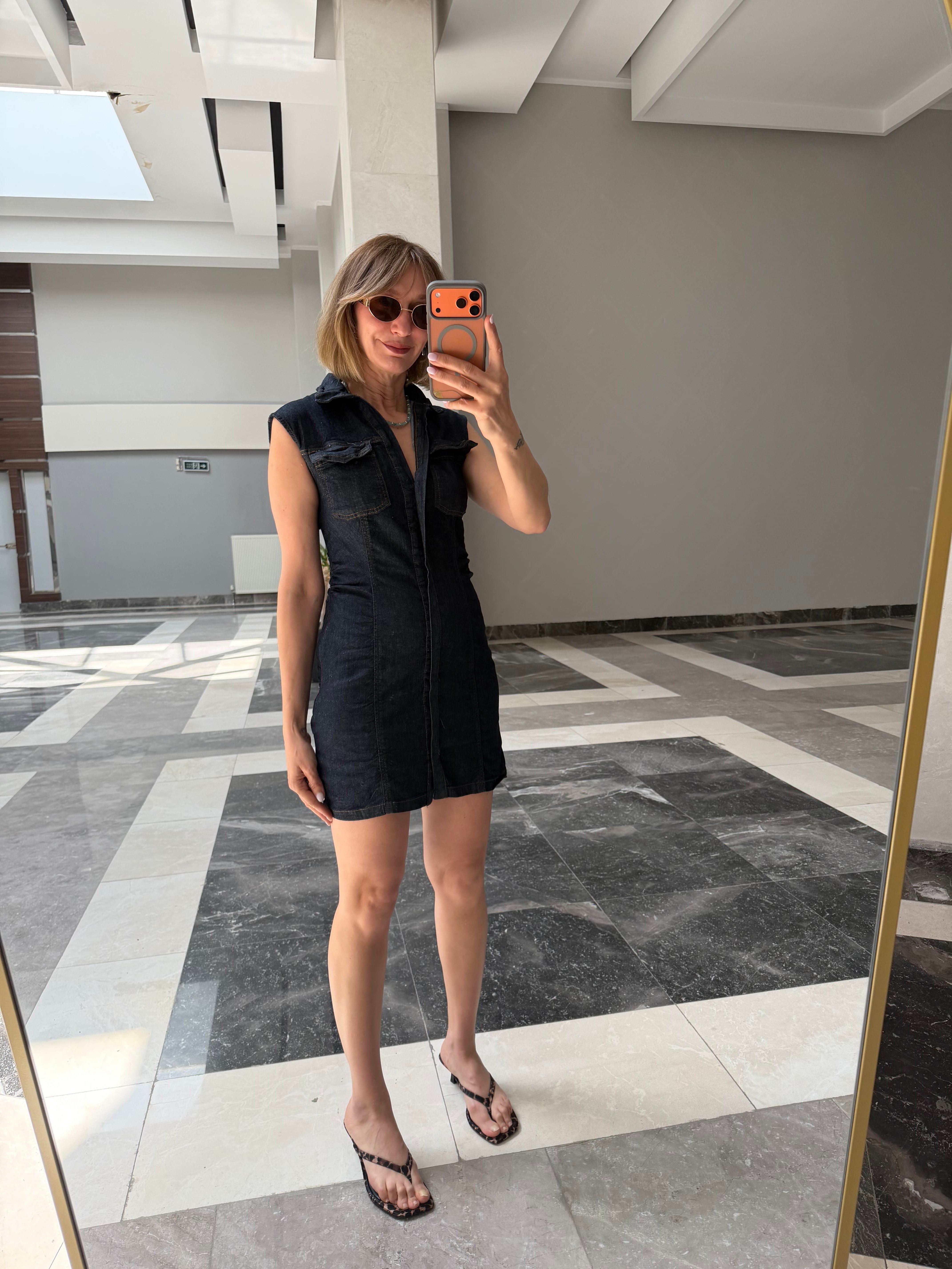 Zr Yanları Drape Dikişli Denim Görünümlü Elbise